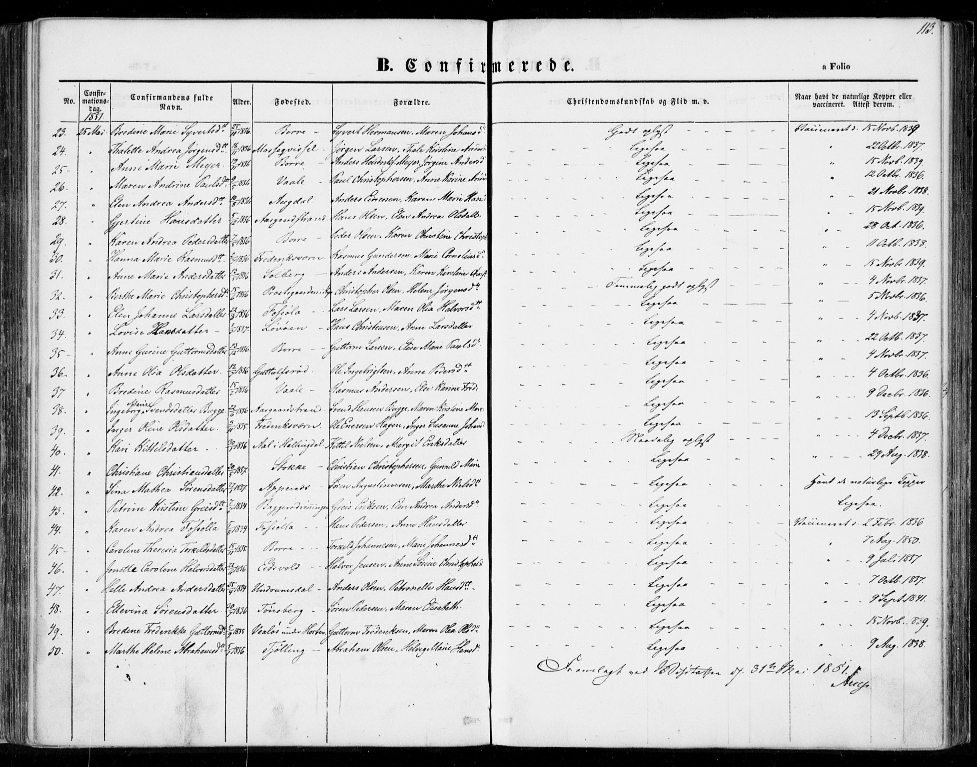 Borre kirkebøker, AV/SAKO-A-338/F/Fa/L0005: Parish register (official) no. I 5, 1845-1851, p. 113