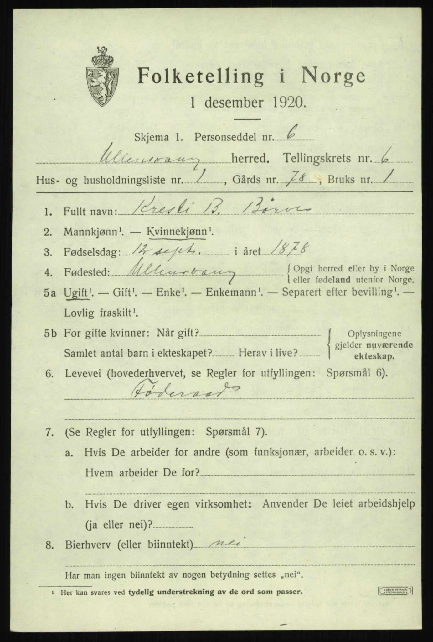 SAB, 1920 census for Ullensvang, 1920, p. 3606