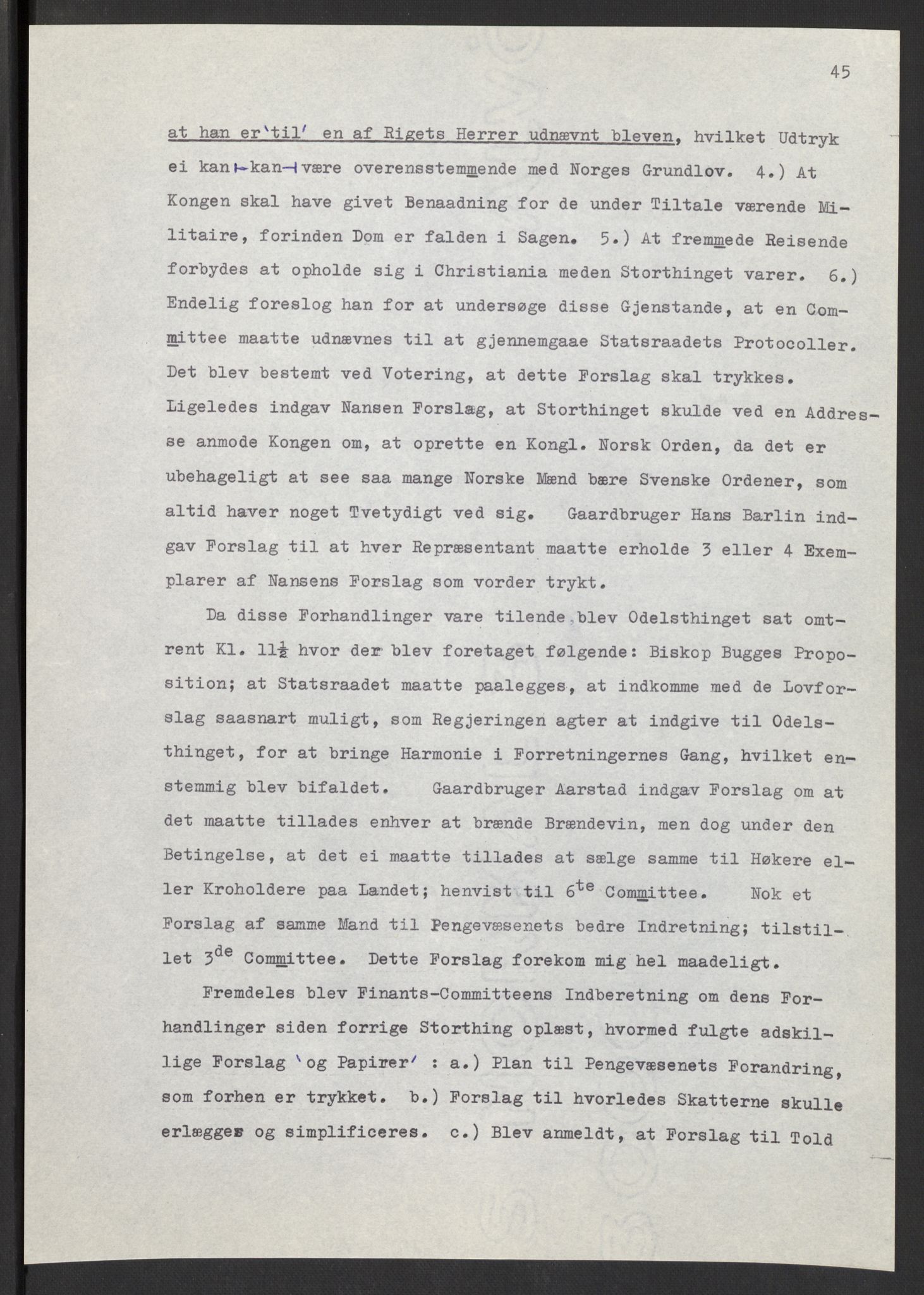 Manuskriptsamlingen, AV/RA-EA-3667/F/L0197: Wetlesen, Hans Jørgen (stortingsmann, ingeniørkaptein); Referat fra Stortinget 1815-1816, 1815-1816, p. 45