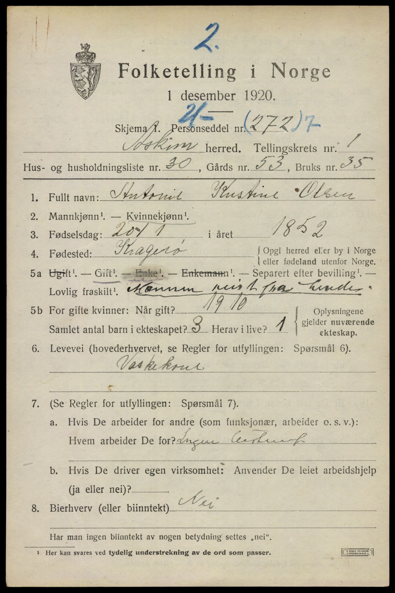 SAO, 1920 census for Askim, 1920, p. 1970