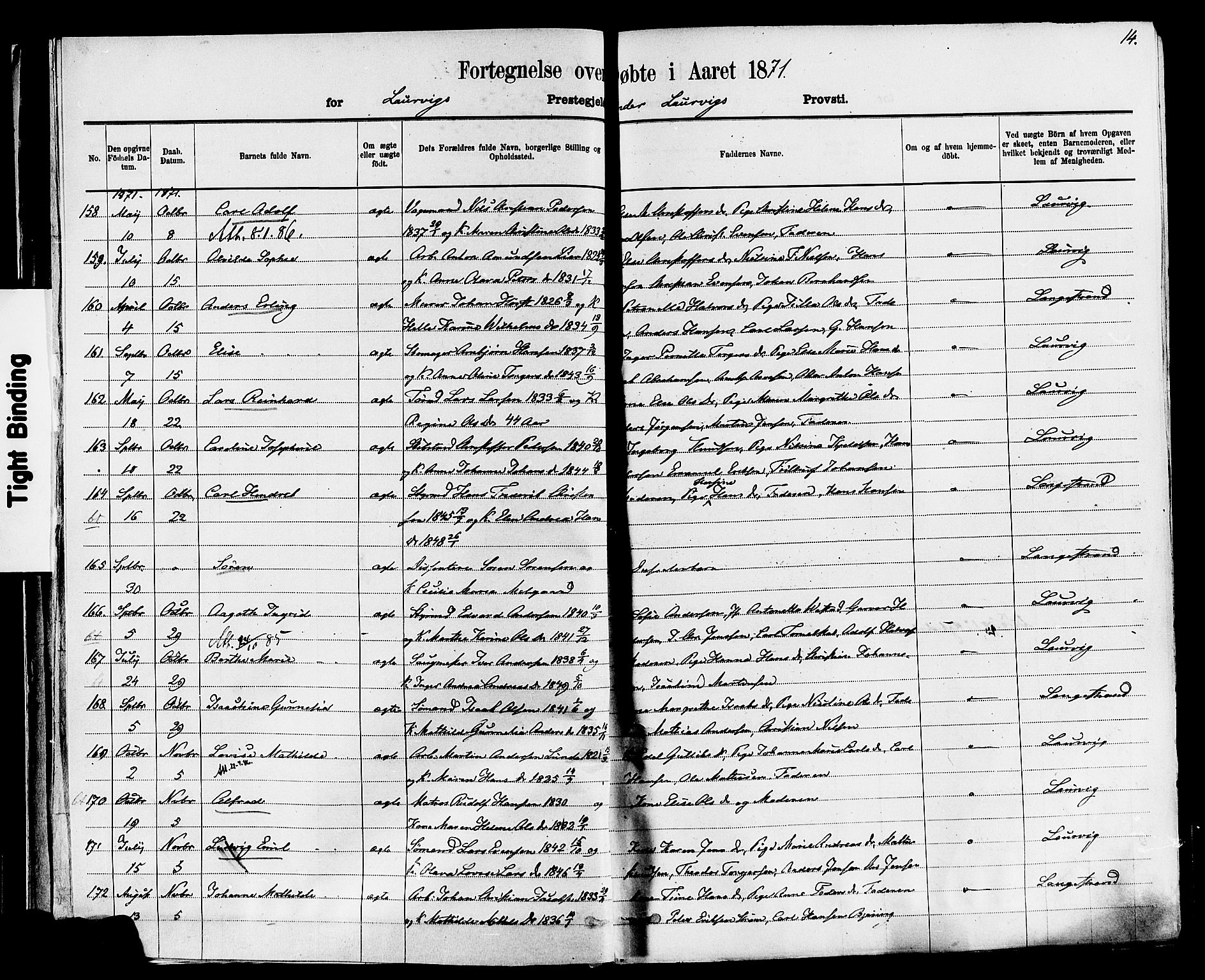 Larvik kirkebøker, AV/SAKO-A-352/F/Fa/L0006: Parish register (official) no. I 6, 1871-1883, p. 14