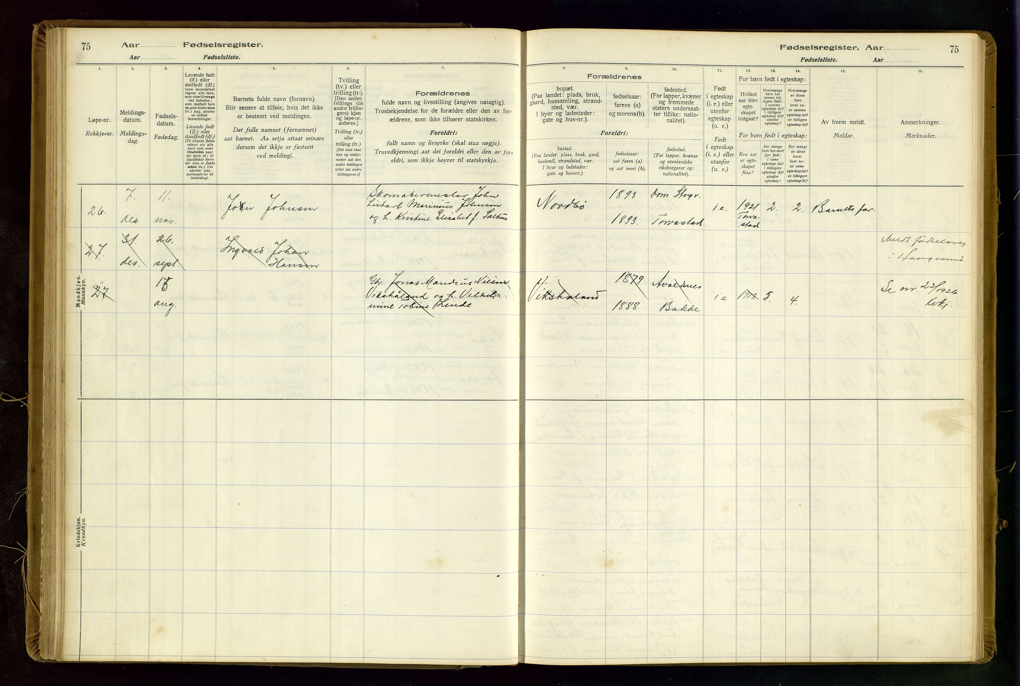 Torvastad sokneprestkontor, AV/SAST-A -101857/I/Id/L0002: Birth register no. 2, 1916-1950, p. 75