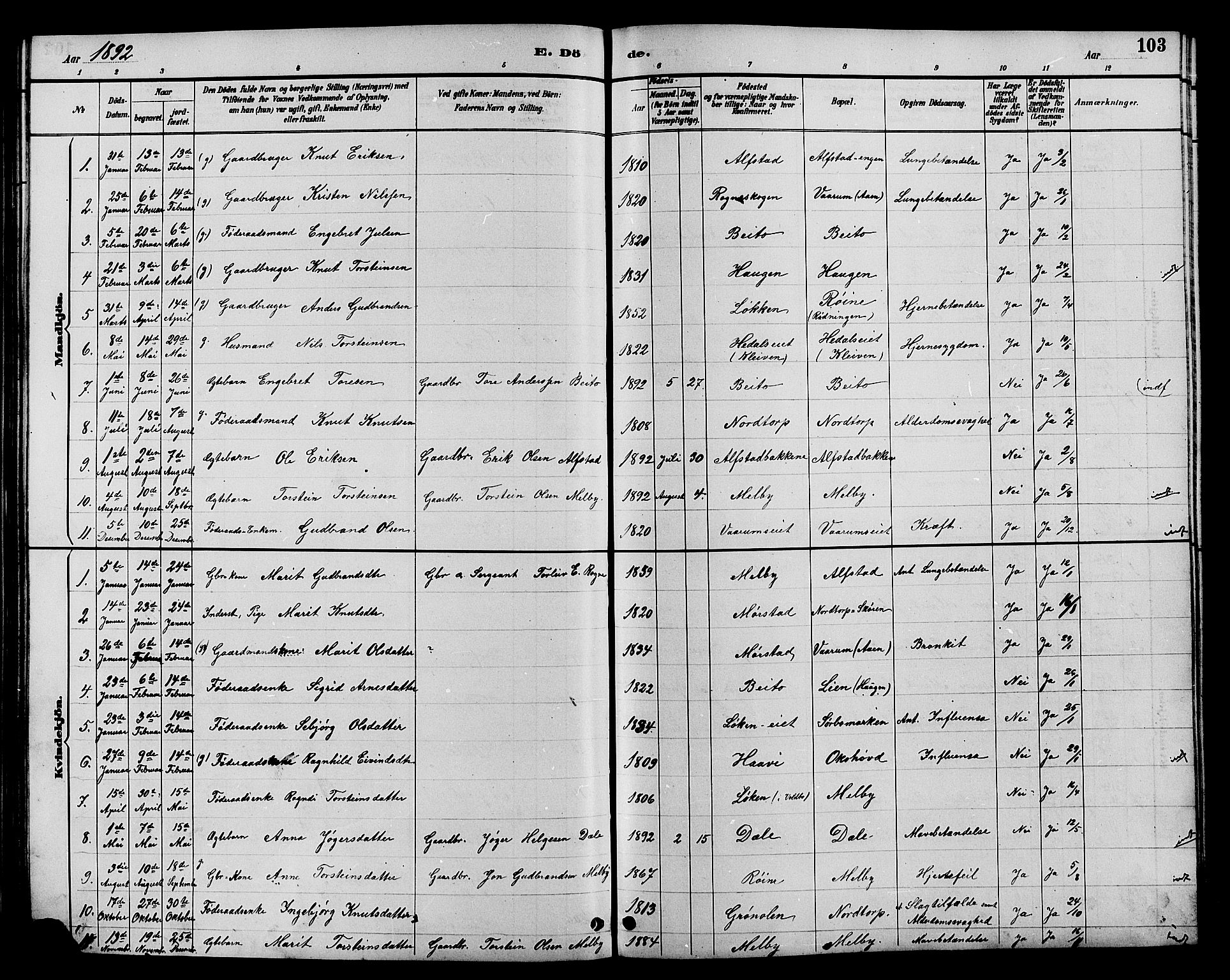 Øystre Slidre prestekontor, AV/SAH-PREST-138/H/Ha/Hab/L0004: Parish register (copy) no. 4, 1887-1907, p. 103