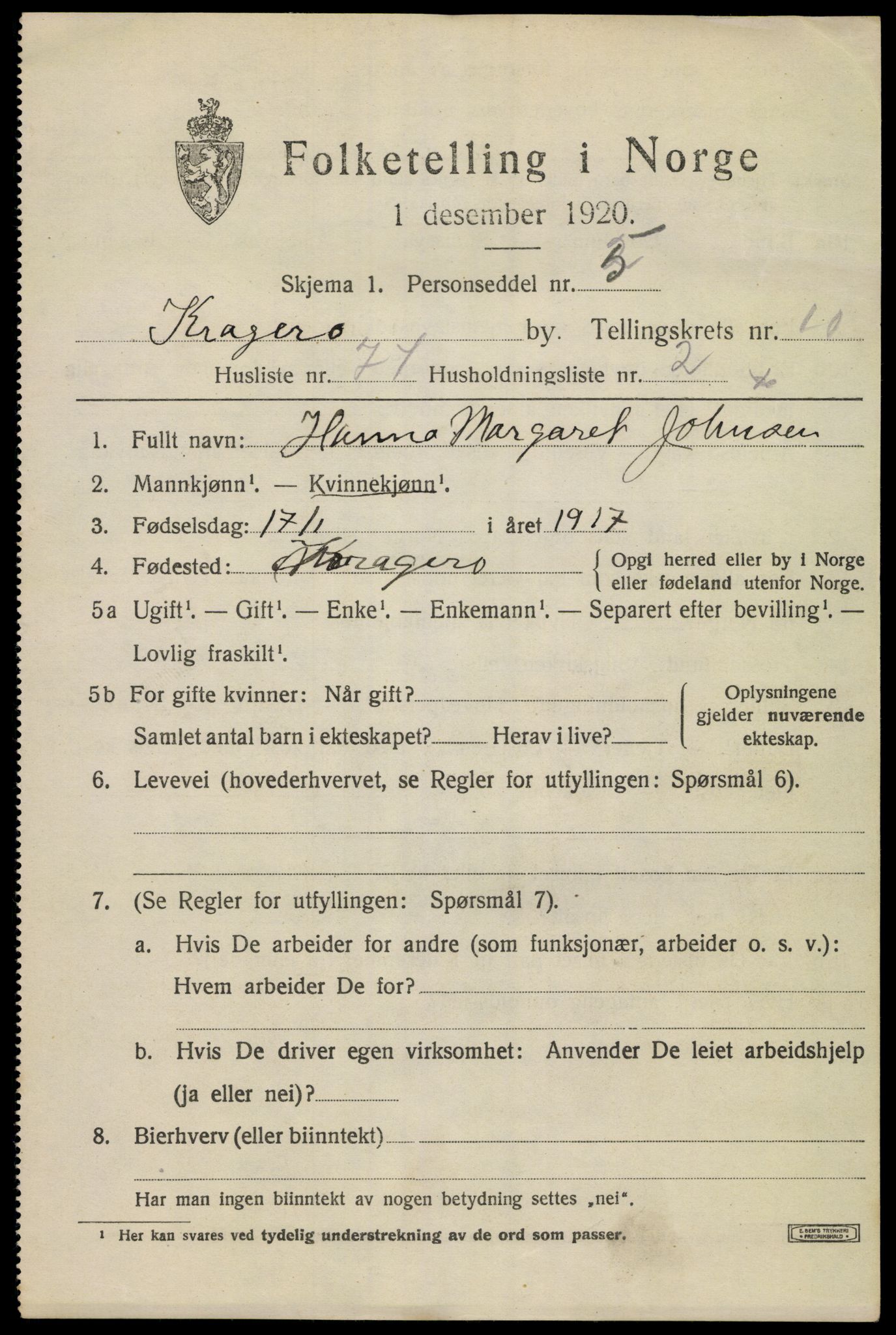 SAKO, 1920 census for Kragerø, 1920, p. 13885