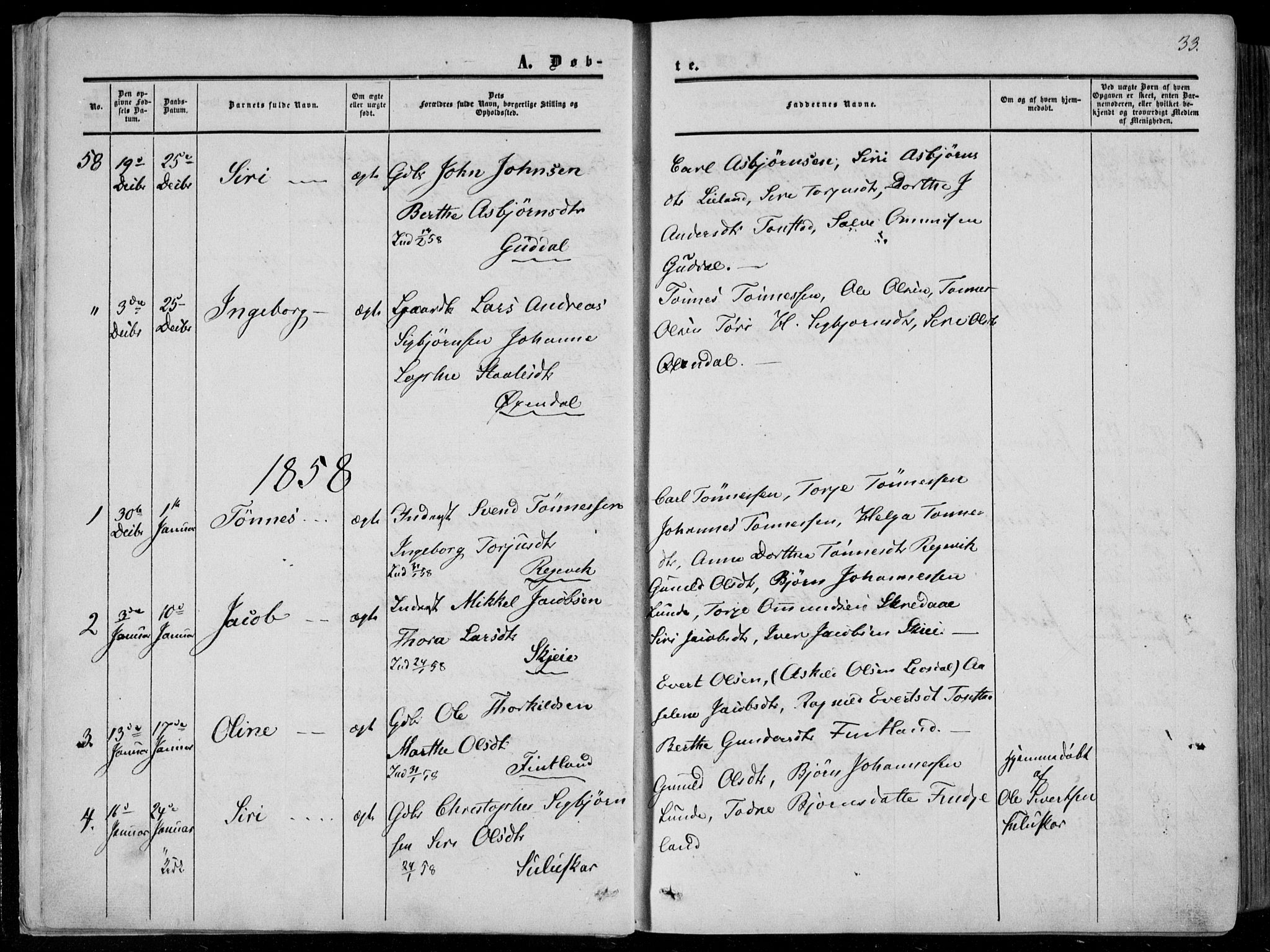 Sirdal sokneprestkontor, AV/SAK-1111-0036/F/Fa/Fab/L0002: Parish register (official) no. A 2, 1855-1874, p. 33