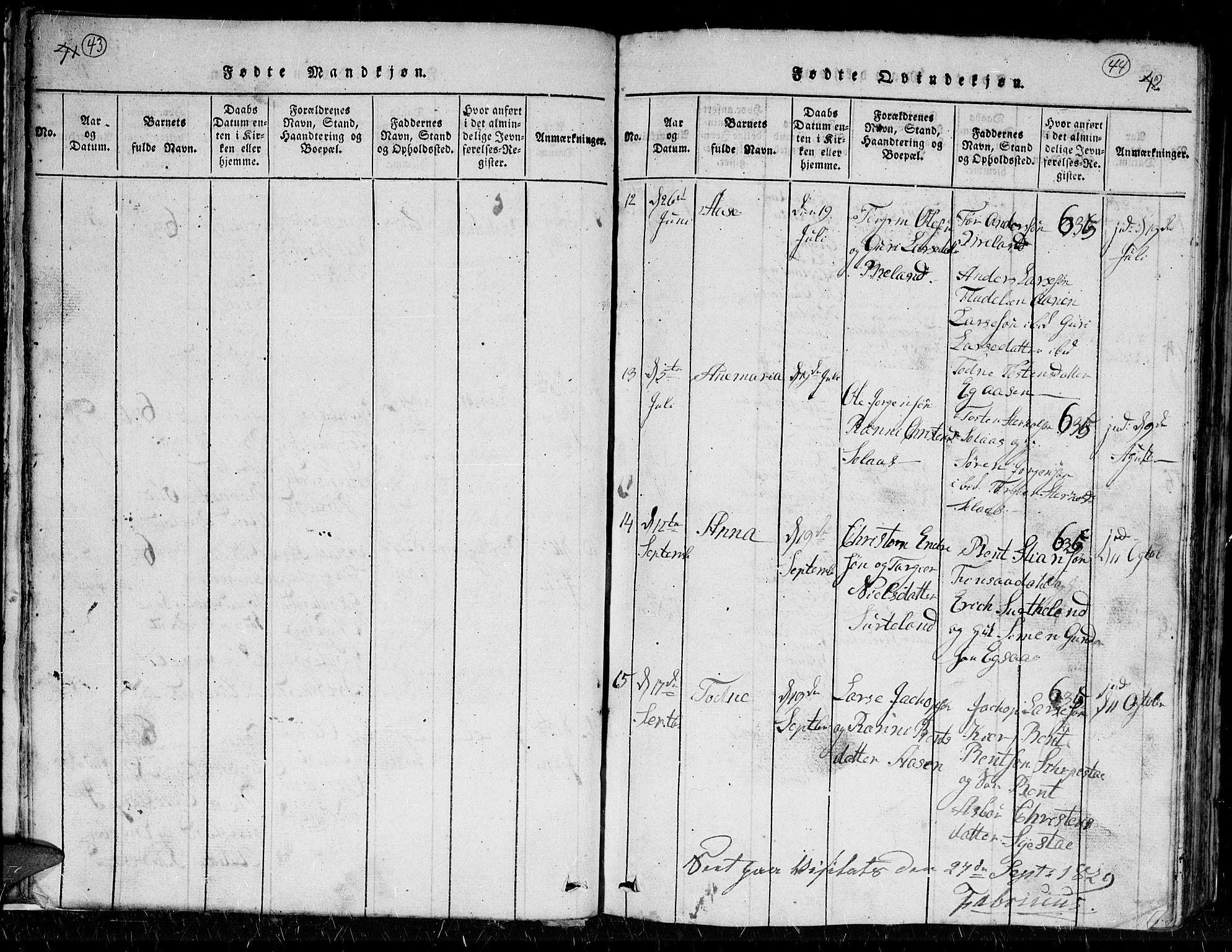 Holum sokneprestkontor, AV/SAK-1111-0022/F/Fb/Fbc/L0001: Parish register (copy) no. B 1, 1820-1859, p. 43-44