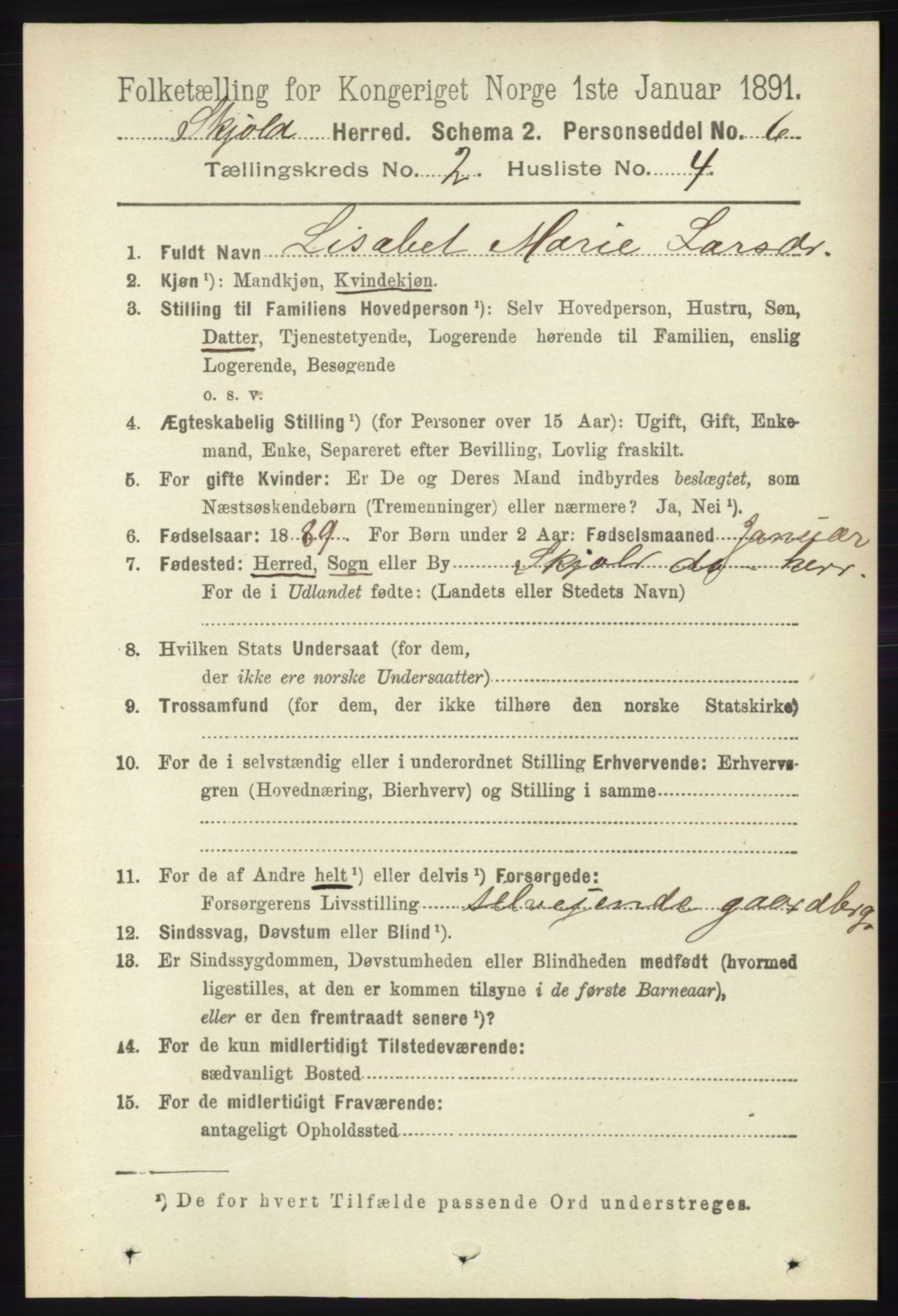 RA, 1891 census for 1154 Skjold, 1891, p. 304