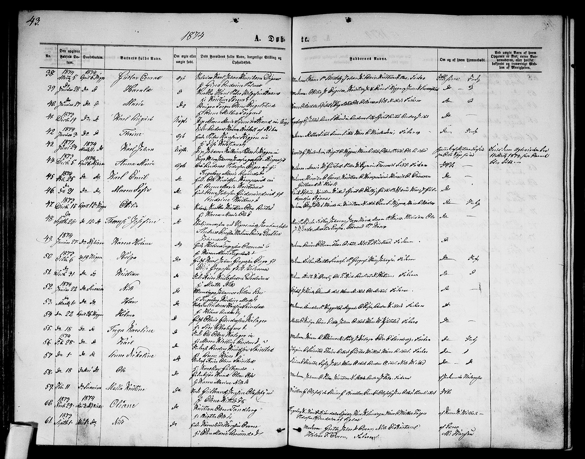 Modum kirkebøker, AV/SAKO-A-234/G/Ga/L0007: Parish register (copy) no. I 7, 1869-1878, p. 43