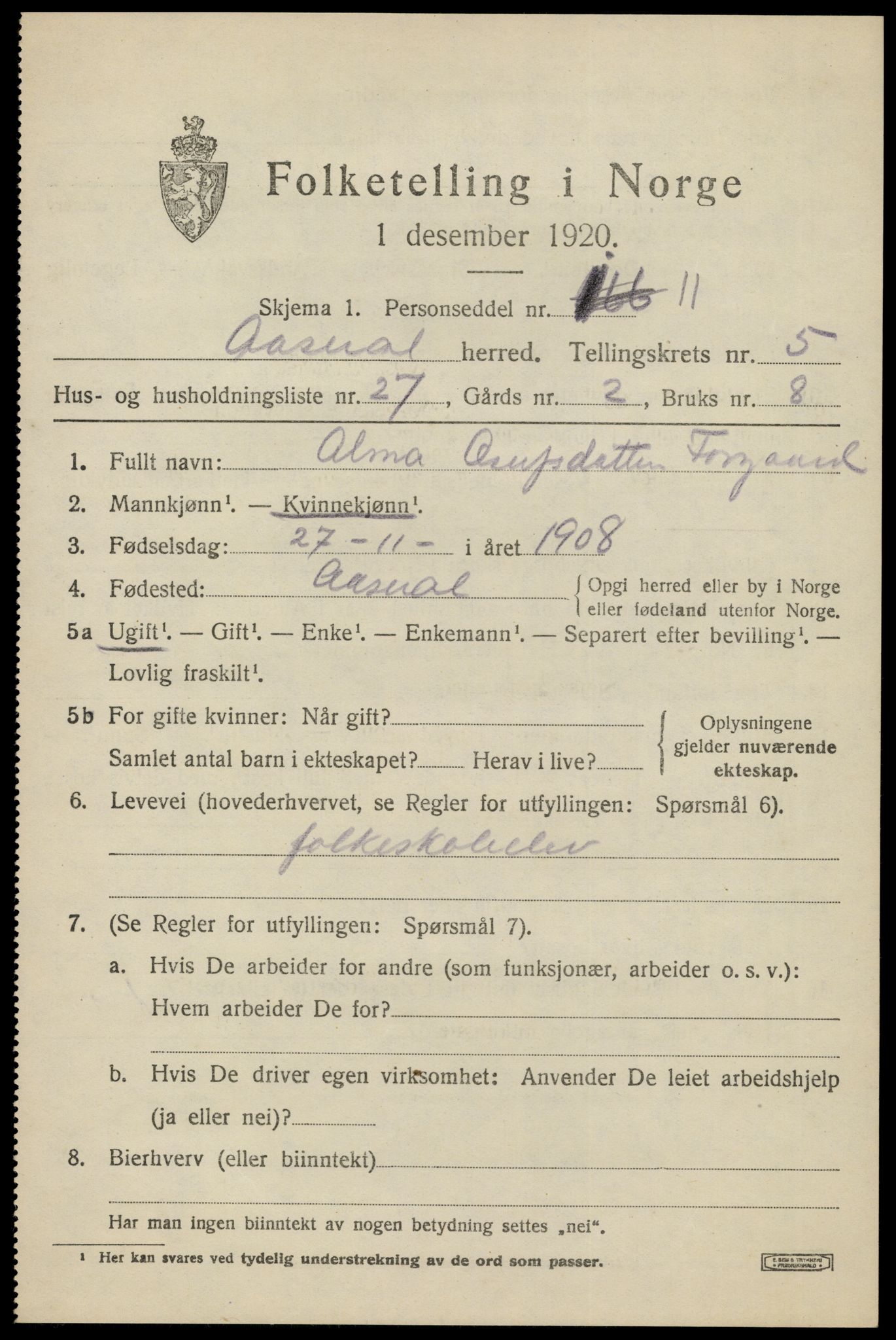SAK, 1920 census for Åseral, 1920, p. 1794