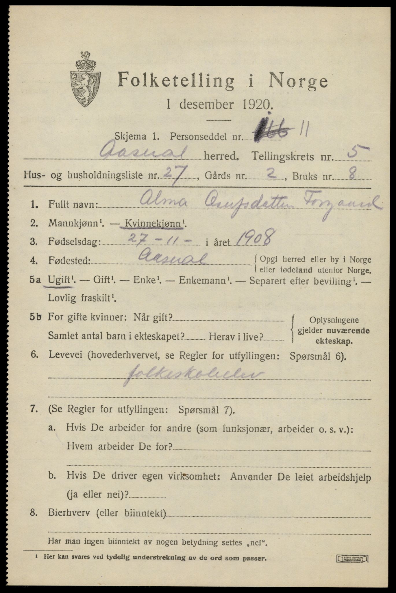 SAK, 1920 census for Åseral, 1920, p. 1794