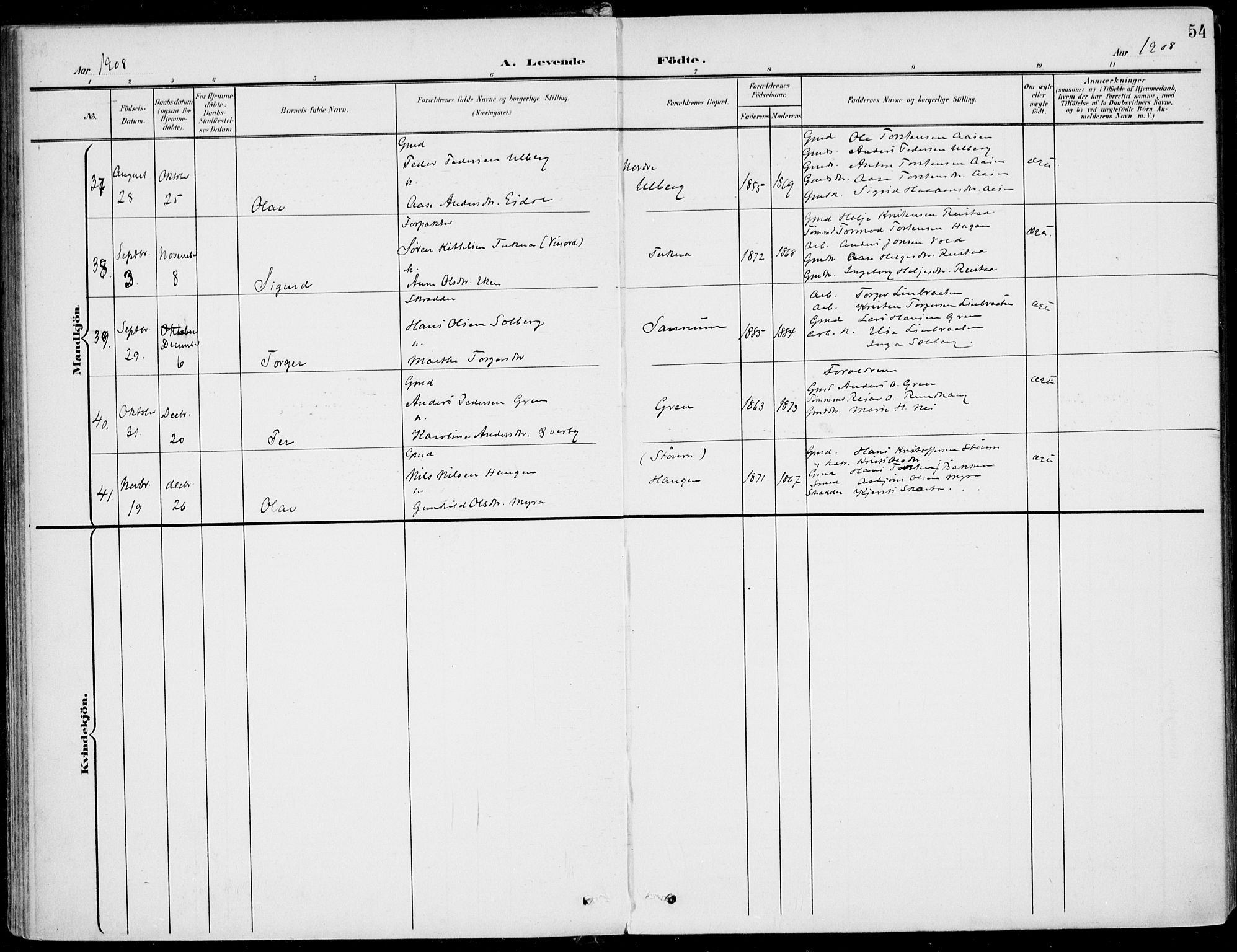 Sigdal kirkebøker, AV/SAKO-A-245/F/Fb/L0002: Parish register (official) no. II 2, 1901-1914, p. 54