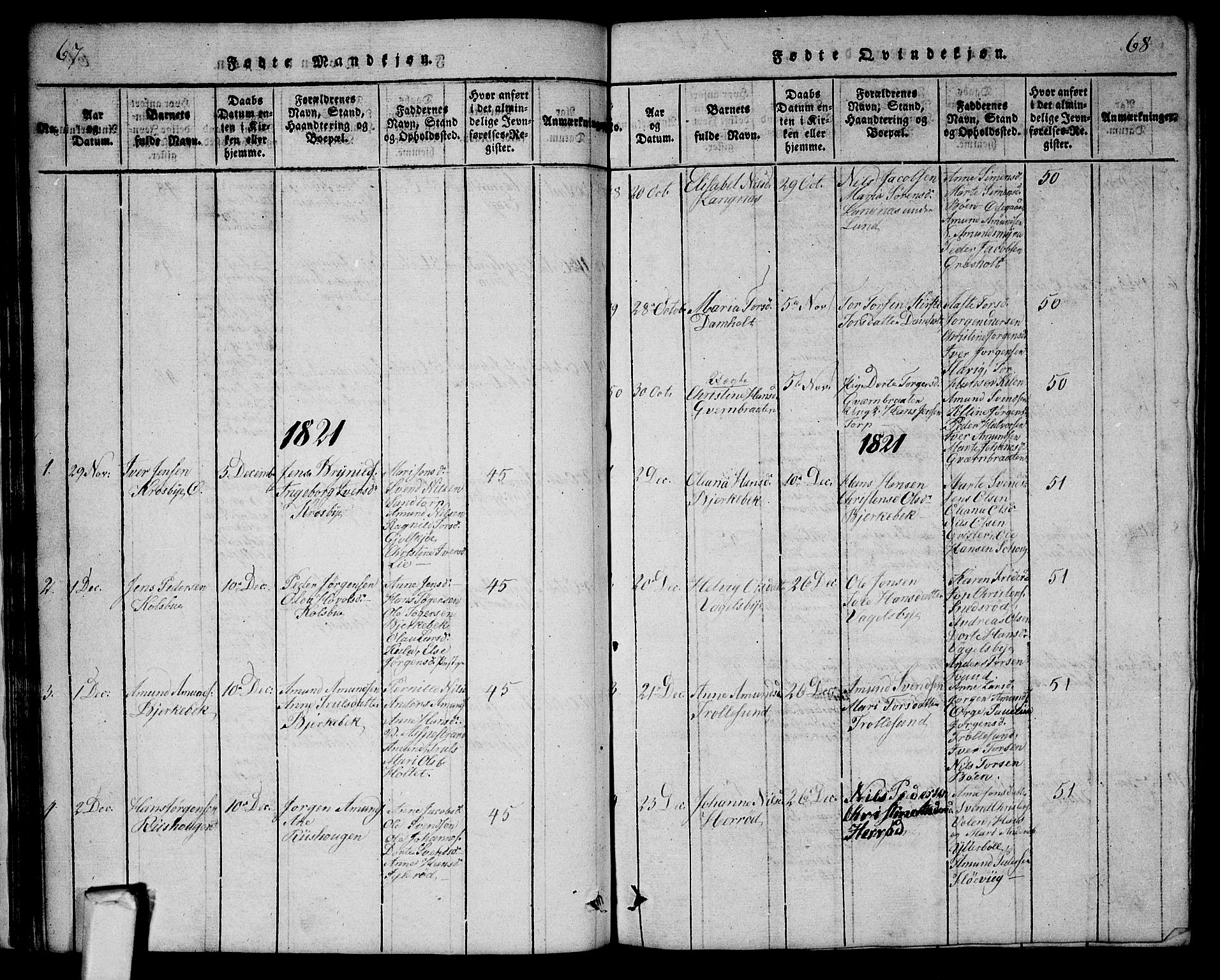 Aremark prestekontor Kirkebøker, AV/SAO-A-10899/G/Ga/L0001: Parish register (copy) no.  I 1, 1814-1834, p. 67-68