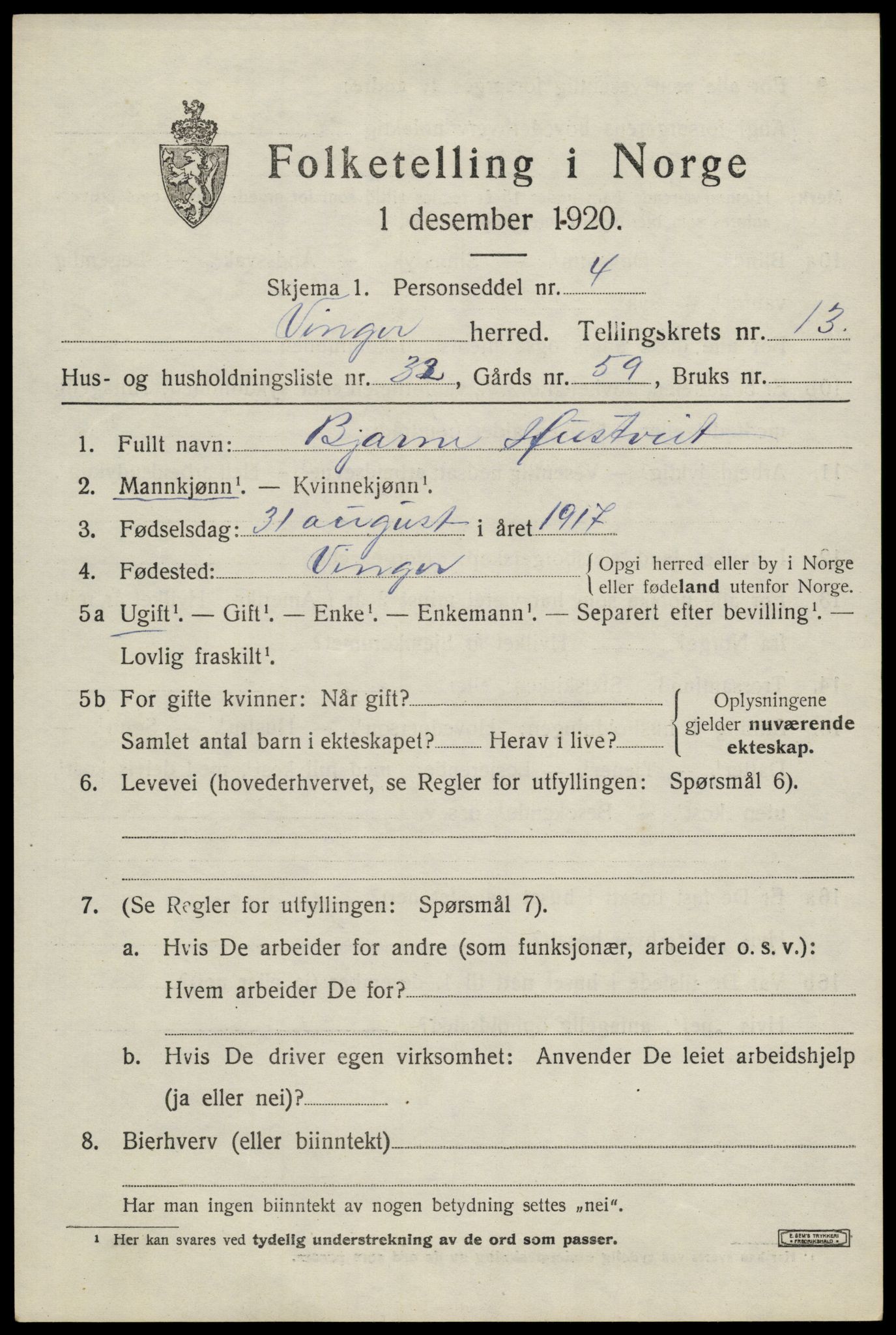 SAH, 1920 census for Vinger, 1920, p. 11400