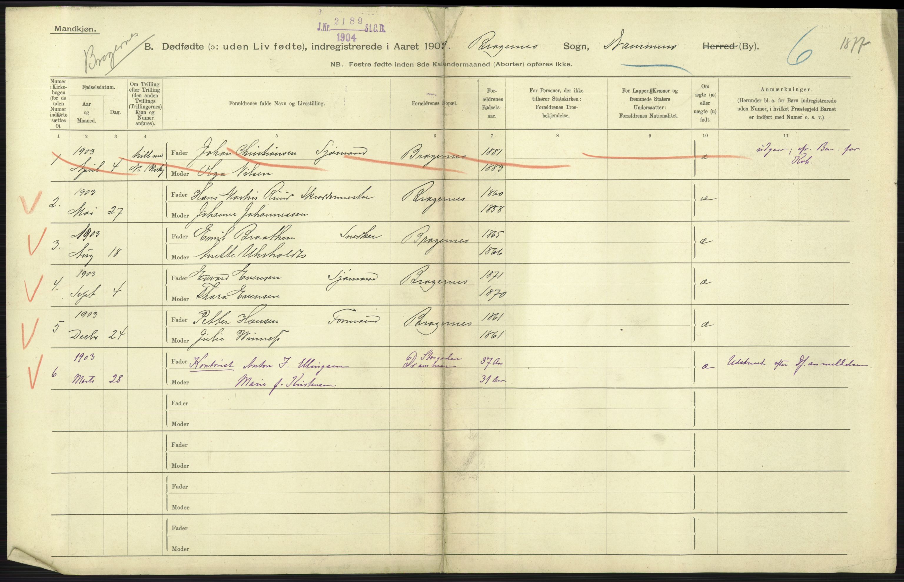 Statistisk sentralbyrå, Sosiodemografiske emner, Befolkning, AV/RA-S-2228/D/Df/Dfa/Dfaa/L0026: Smålenenes - Finnmarkens amt: Dødfødte. Byer., 1903, p. 203