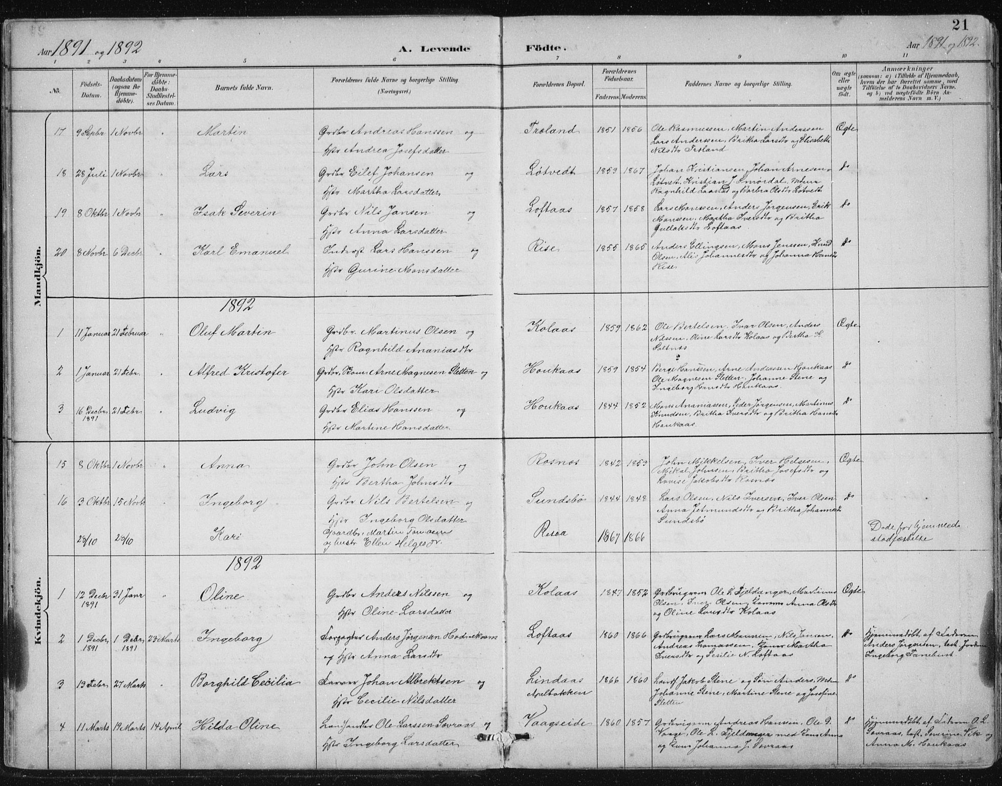 Lindås Sokneprestembete, SAB/A-76701/H/Hab: Parish register (copy) no. B 3, 1886-1914, p. 21