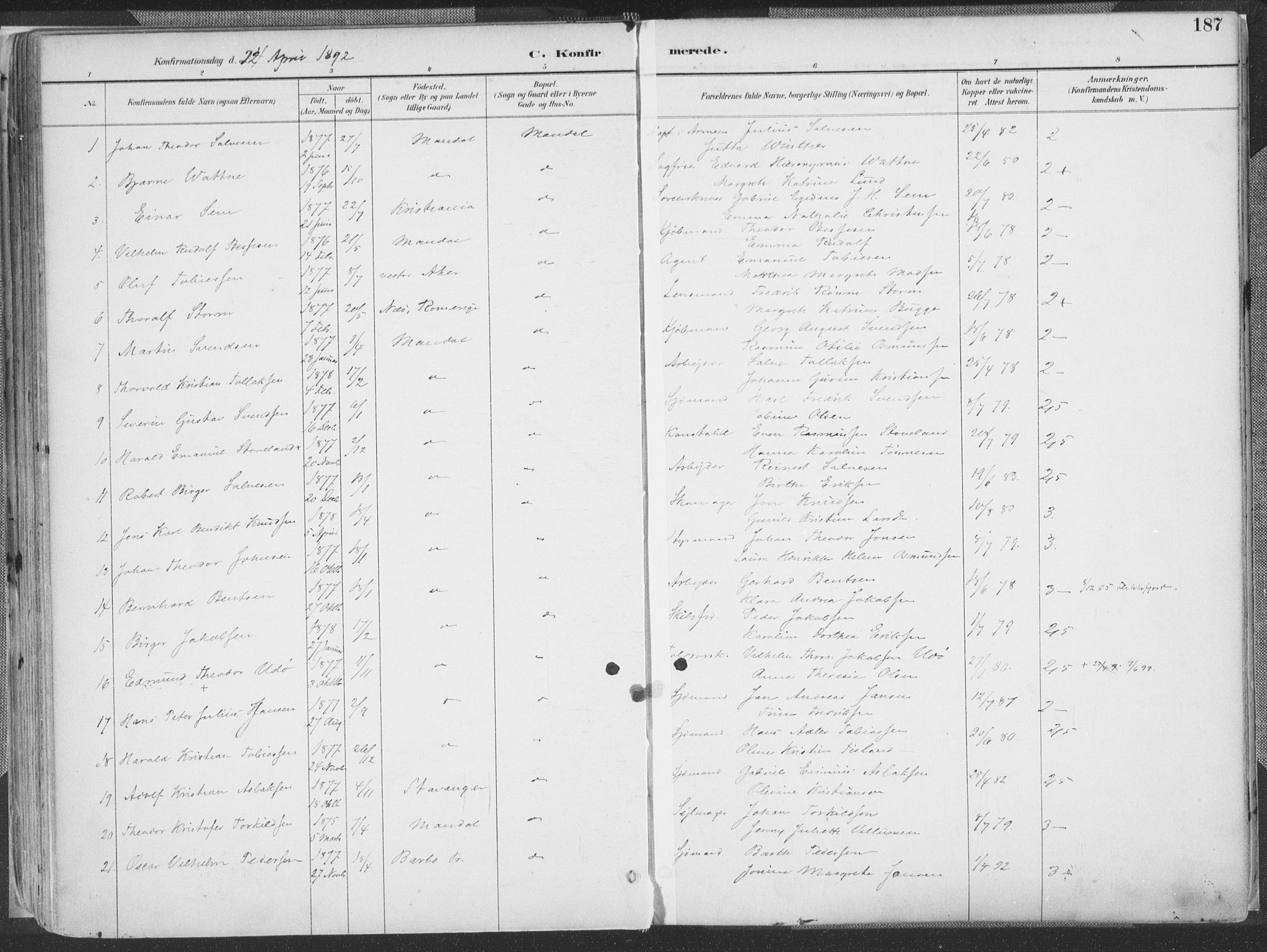 Mandal sokneprestkontor, SAK/1111-0030/F/Fa/Faa/L0018: Parish register (official) no. A 18, 1890-1905, p. 187