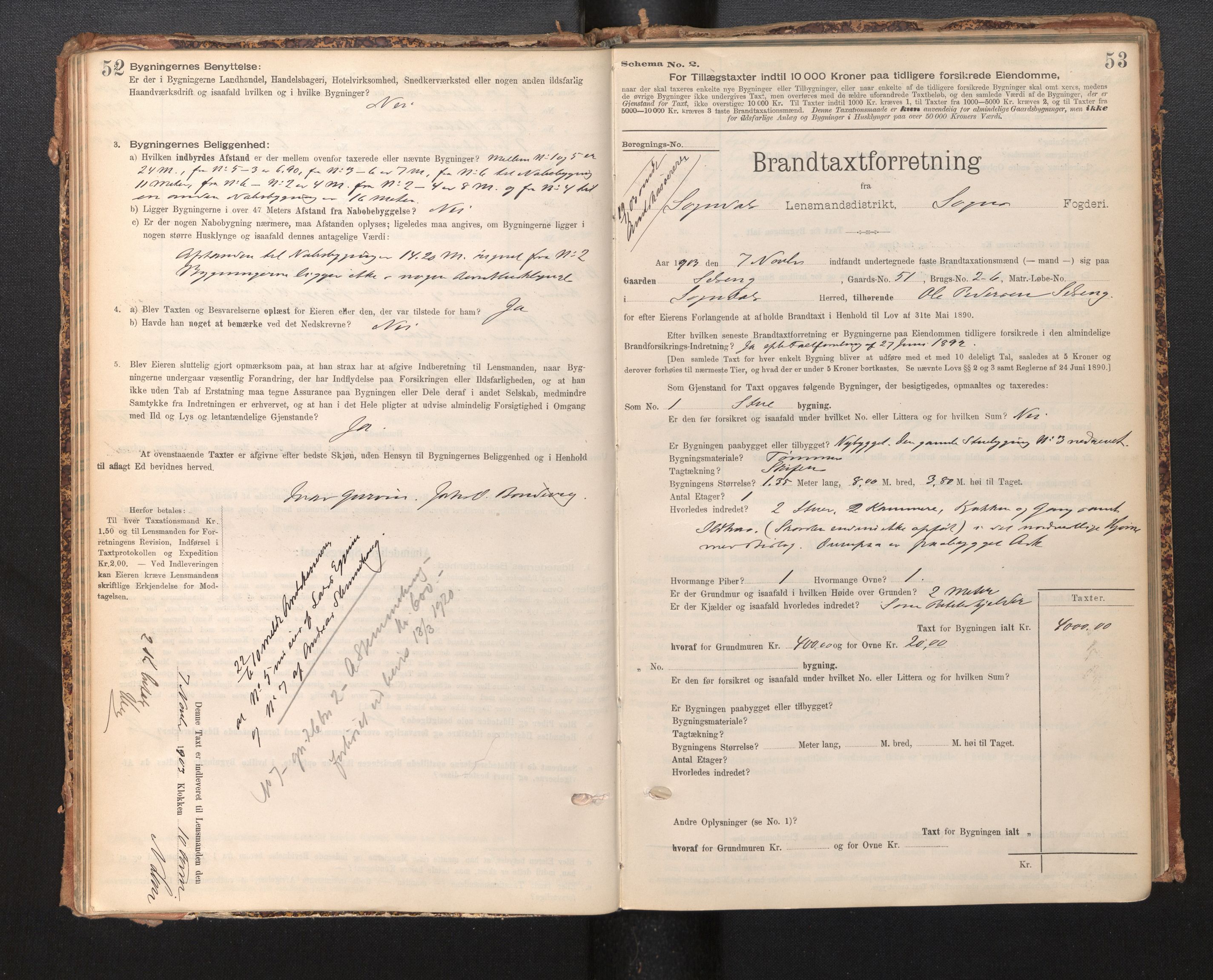 Lensmannen i Sogndal, SAB/A-29901/0012/L0009: Branntakstprotokoll, skjematakst, 1901-1914, p. 52-53
