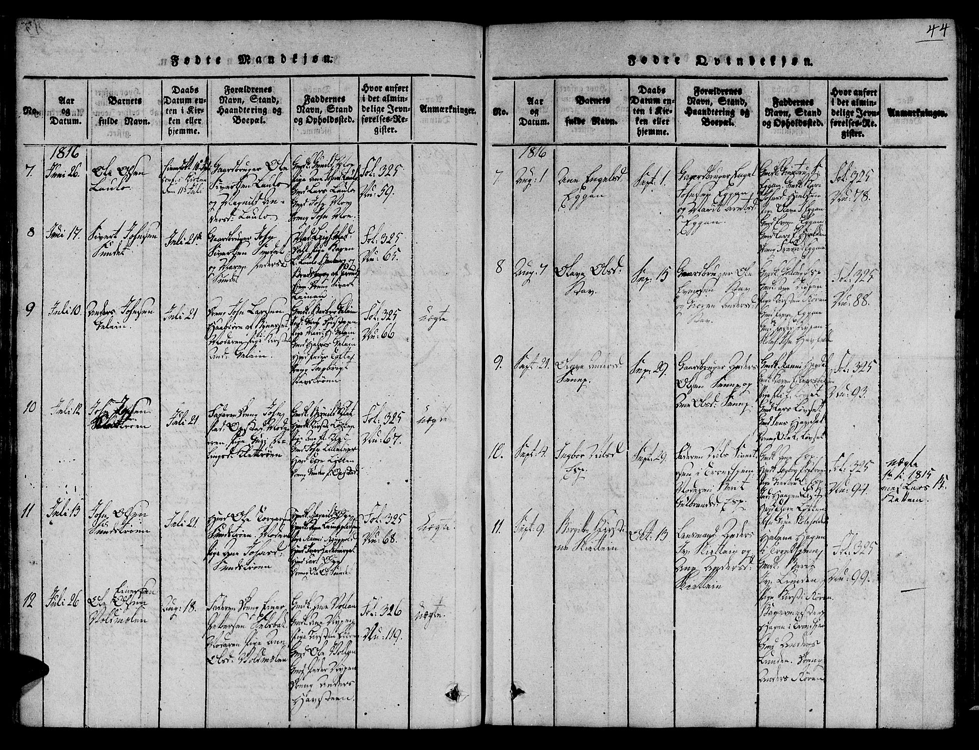 Ministerialprotokoller, klokkerbøker og fødselsregistre - Sør-Trøndelag, SAT/A-1456/691/L1067: Parish register (official) no. 691A03 /3, 1816-1826, p. 44