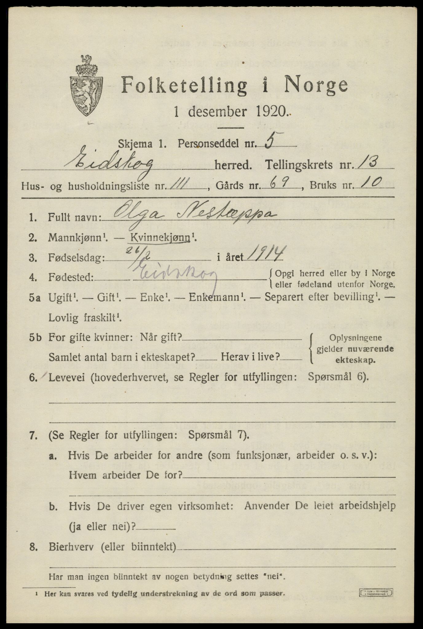 SAH, 1920 census for Eidskog, 1920, p. 13305