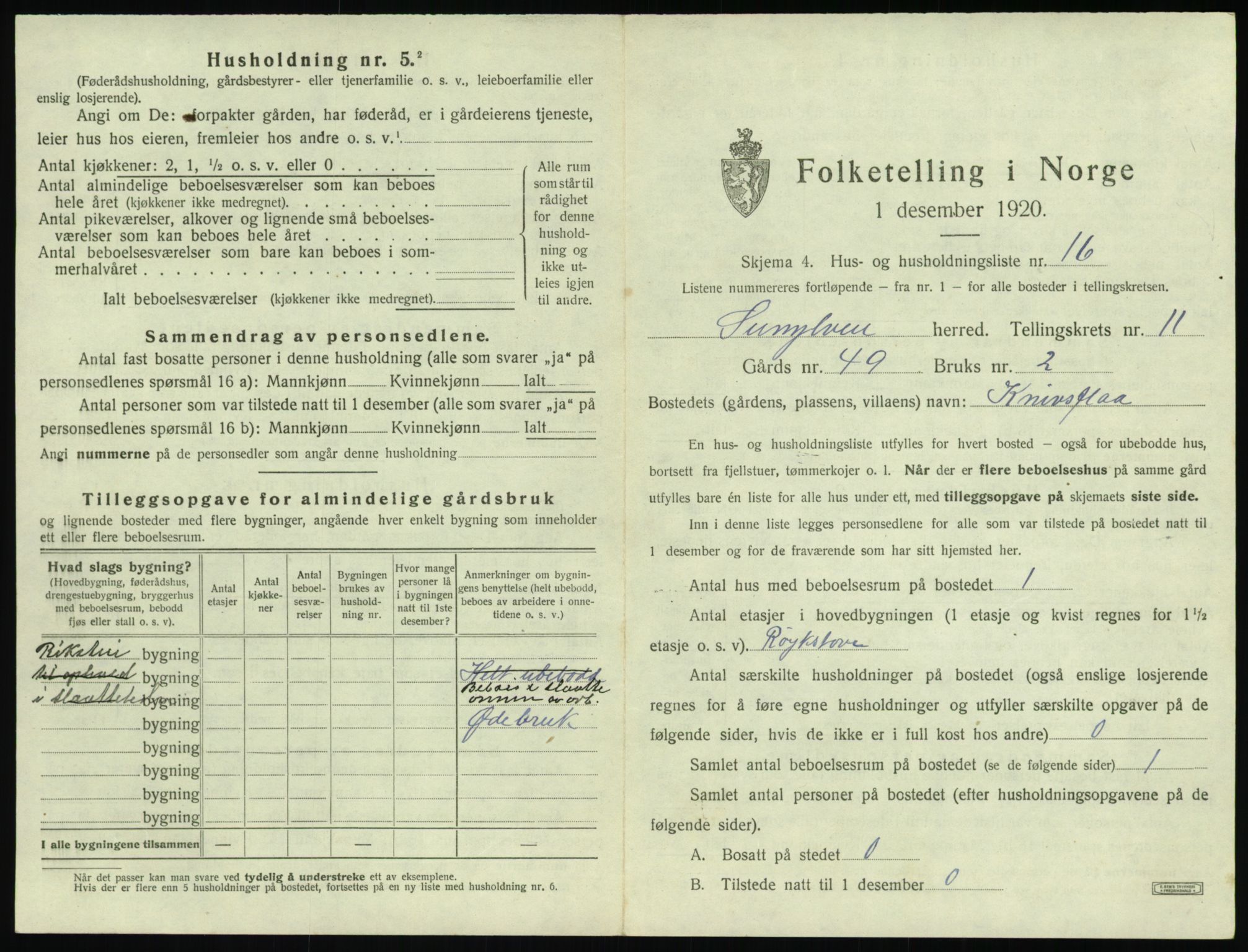 SAT, 1920 census for Sunnylven, 1920, p. 488