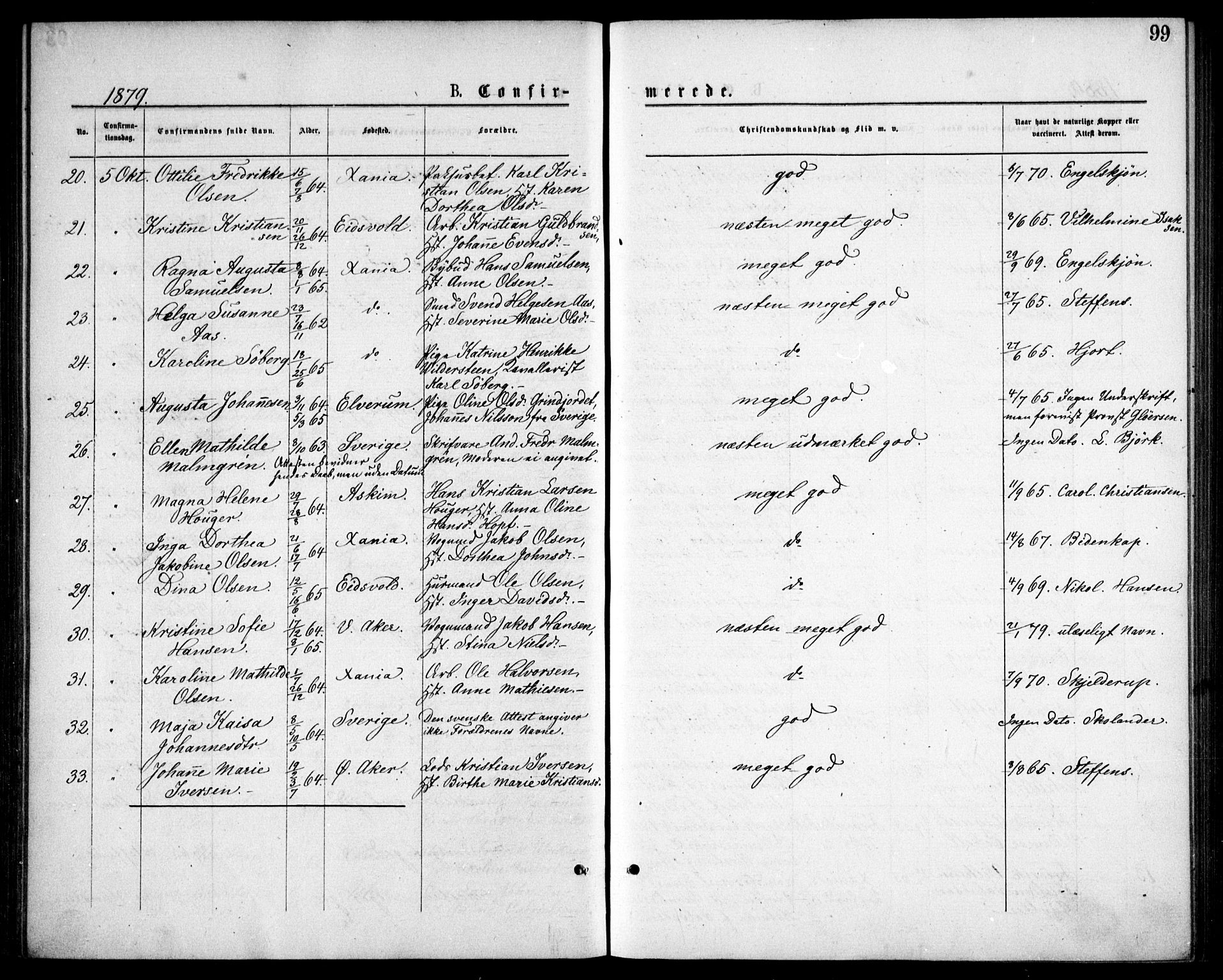 Oslo domkirke Kirkebøker, AV/SAO-A-10752/F/Fa/L0018: Parish register (official) no. 18, 1872-1886, p. 99