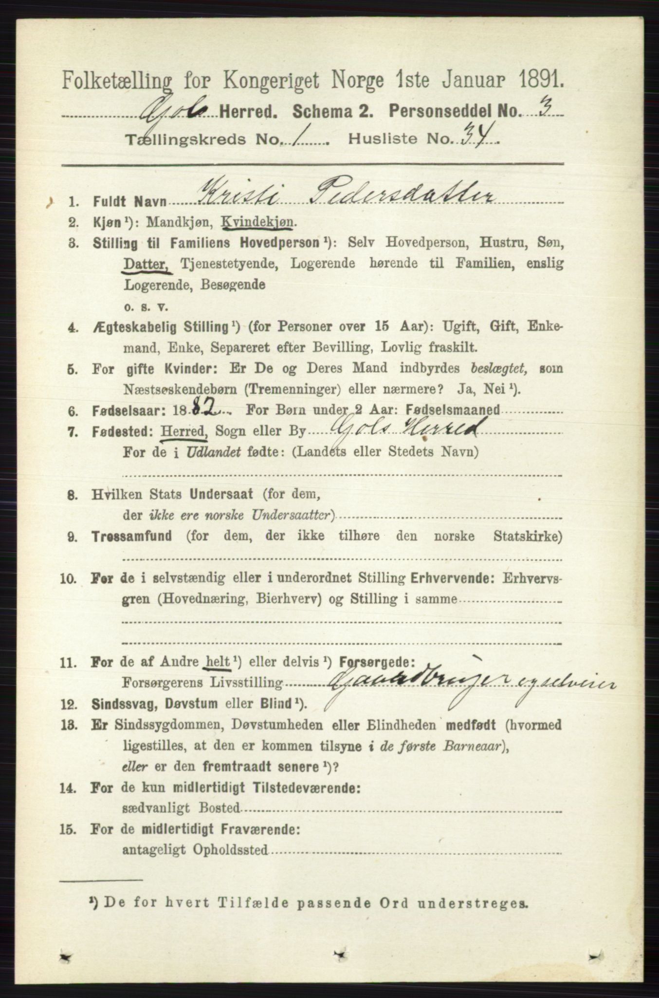 RA, 1891 census for 0617 Gol og Hemsedal, 1891, p. 287