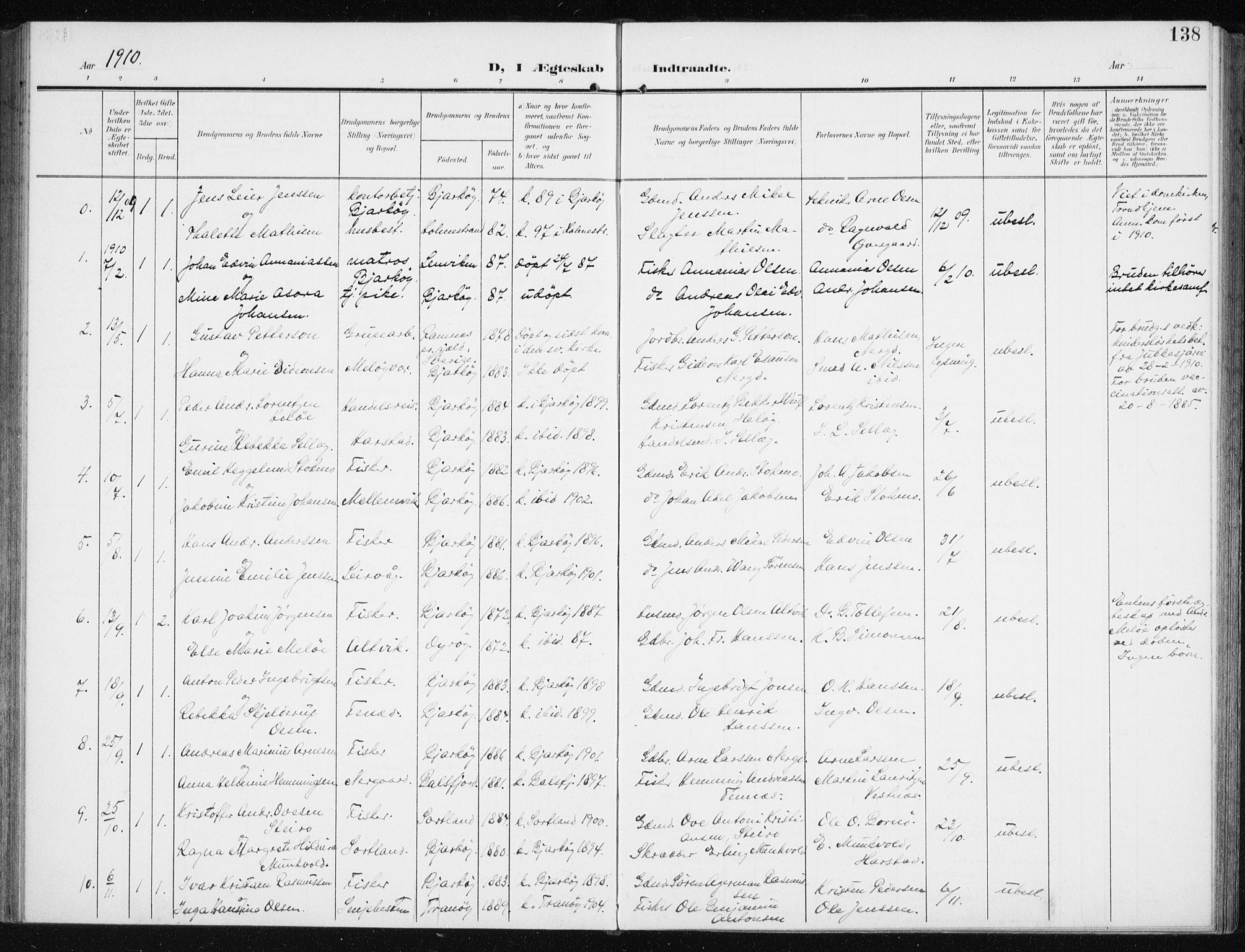 Sand/Bjarkøy sokneprestkontor, AV/SATØ-S-0811/I/Ia/Iaa/L0005kirke: Parish register (official) no. 5, 1905-1914, p. 138