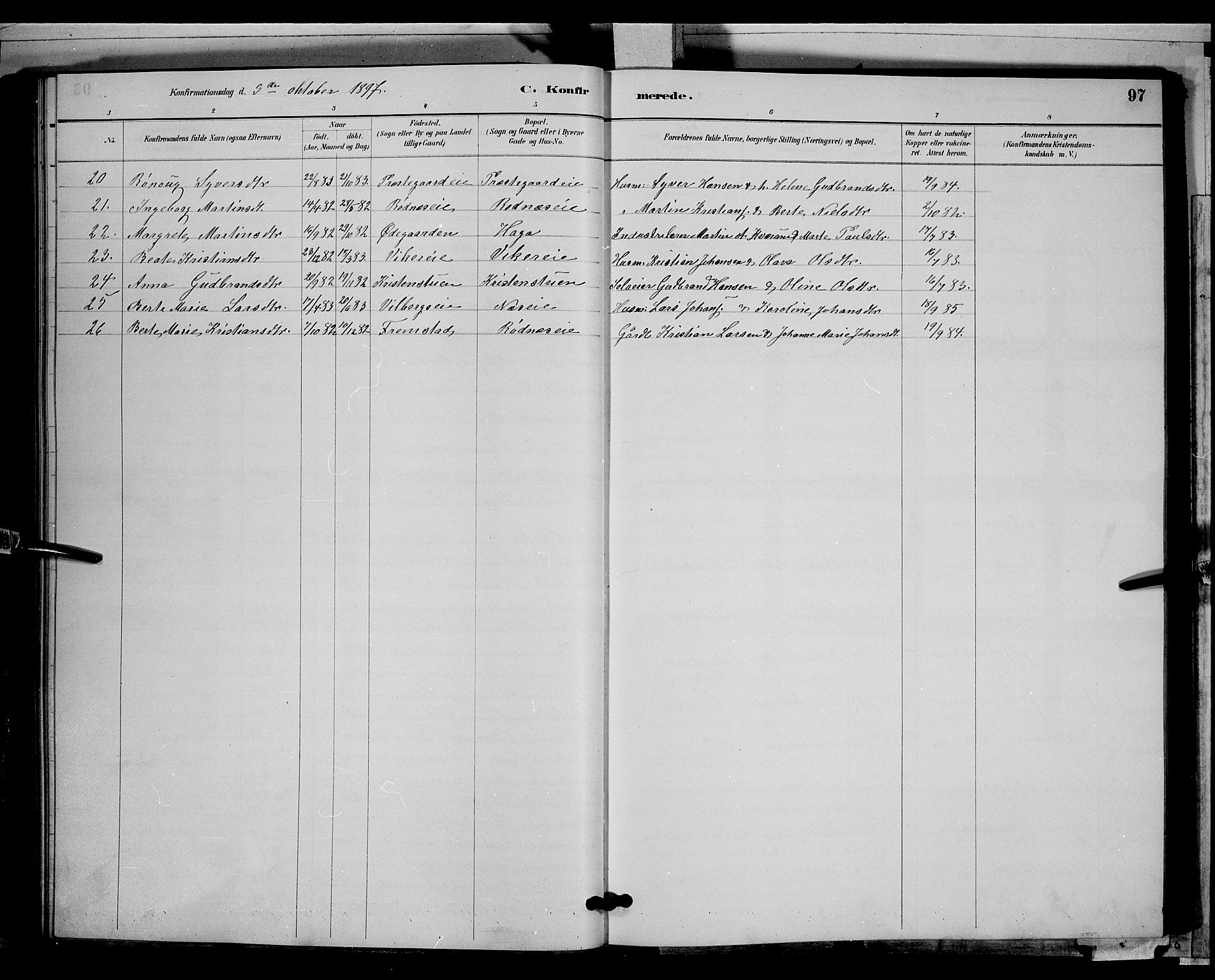 Søndre Land prestekontor, AV/SAH-PREST-122/L/L0003: Parish register (copy) no. 3, 1884-1902, p. 97