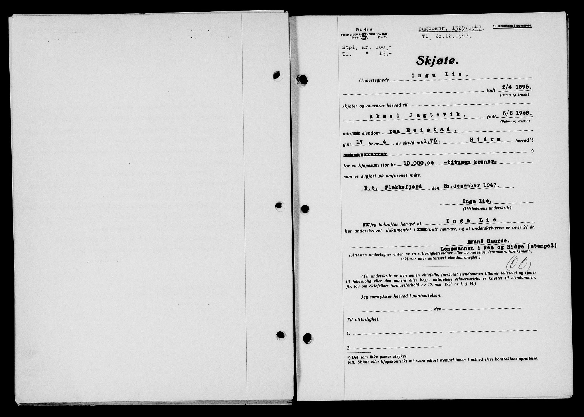 Flekkefjord sorenskriveri, SAK/1221-0001/G/Gb/Gba/L0063: Mortgage book no. A-11, 1947-1948, Diary no: : 1329/1947