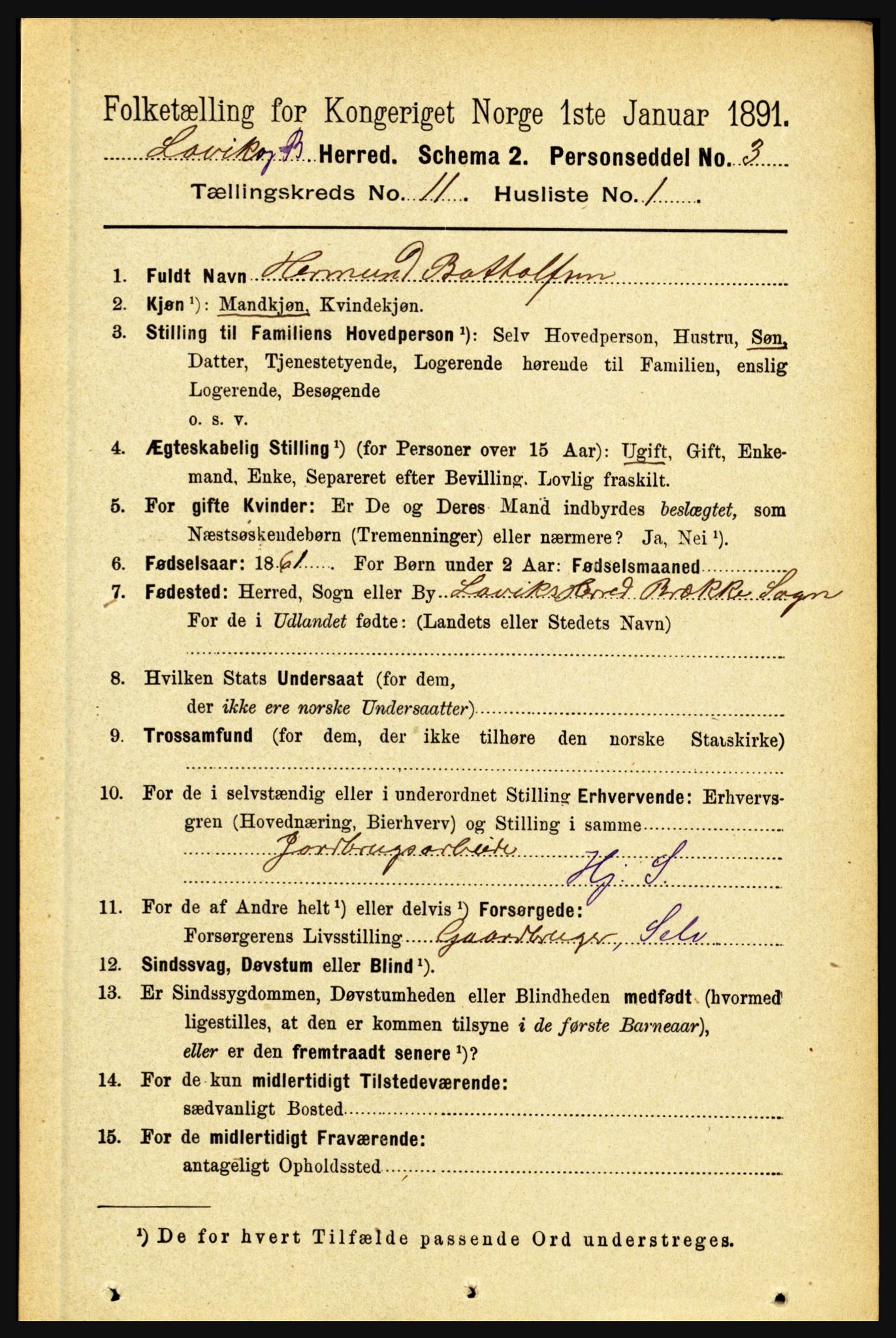 RA, 1891 census for 1415 Lavik og Brekke, 1891, p. 2138