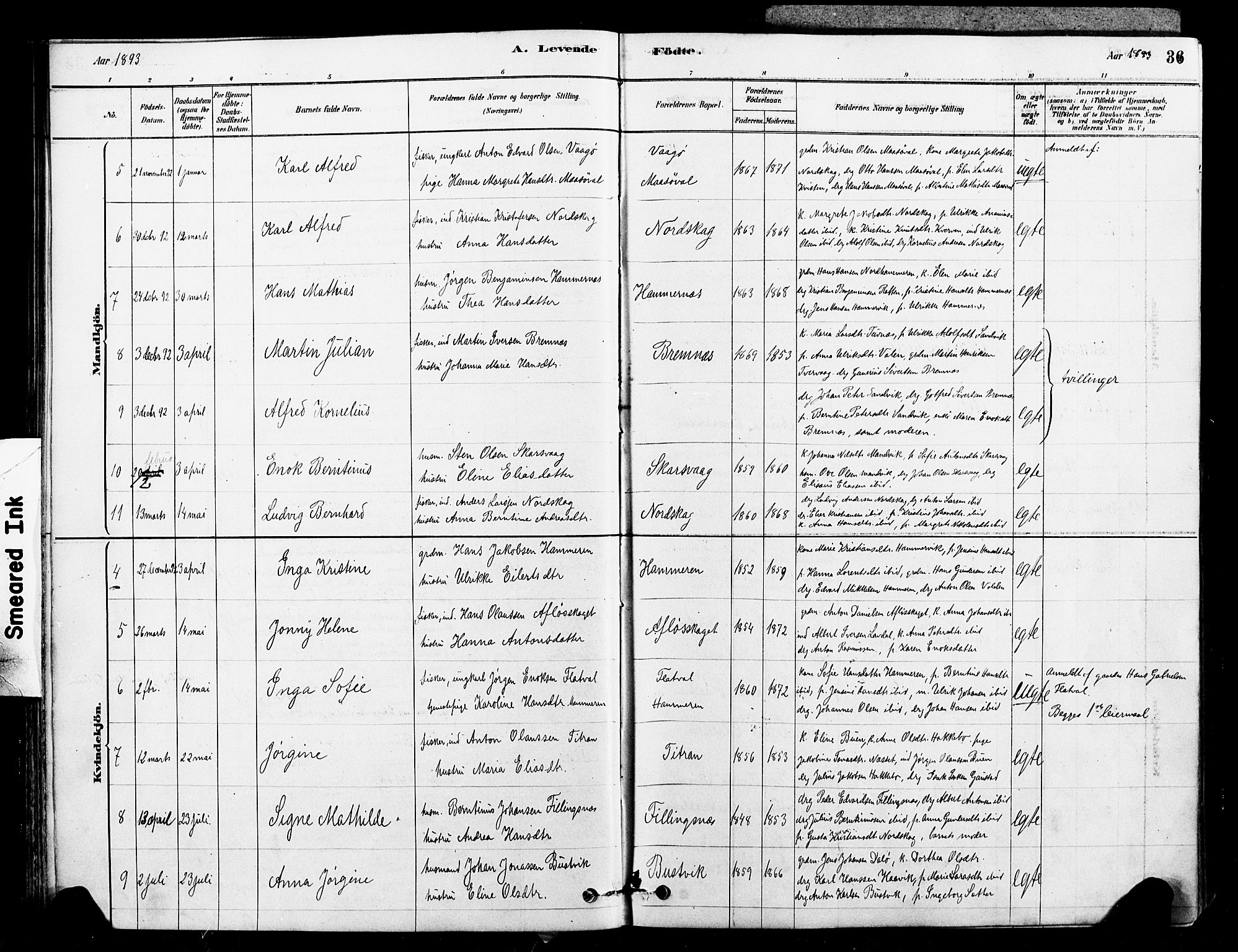 Ministerialprotokoller, klokkerbøker og fødselsregistre - Sør-Trøndelag, SAT/A-1456/641/L0595: Parish register (official) no. 641A01, 1882-1897, p. 36