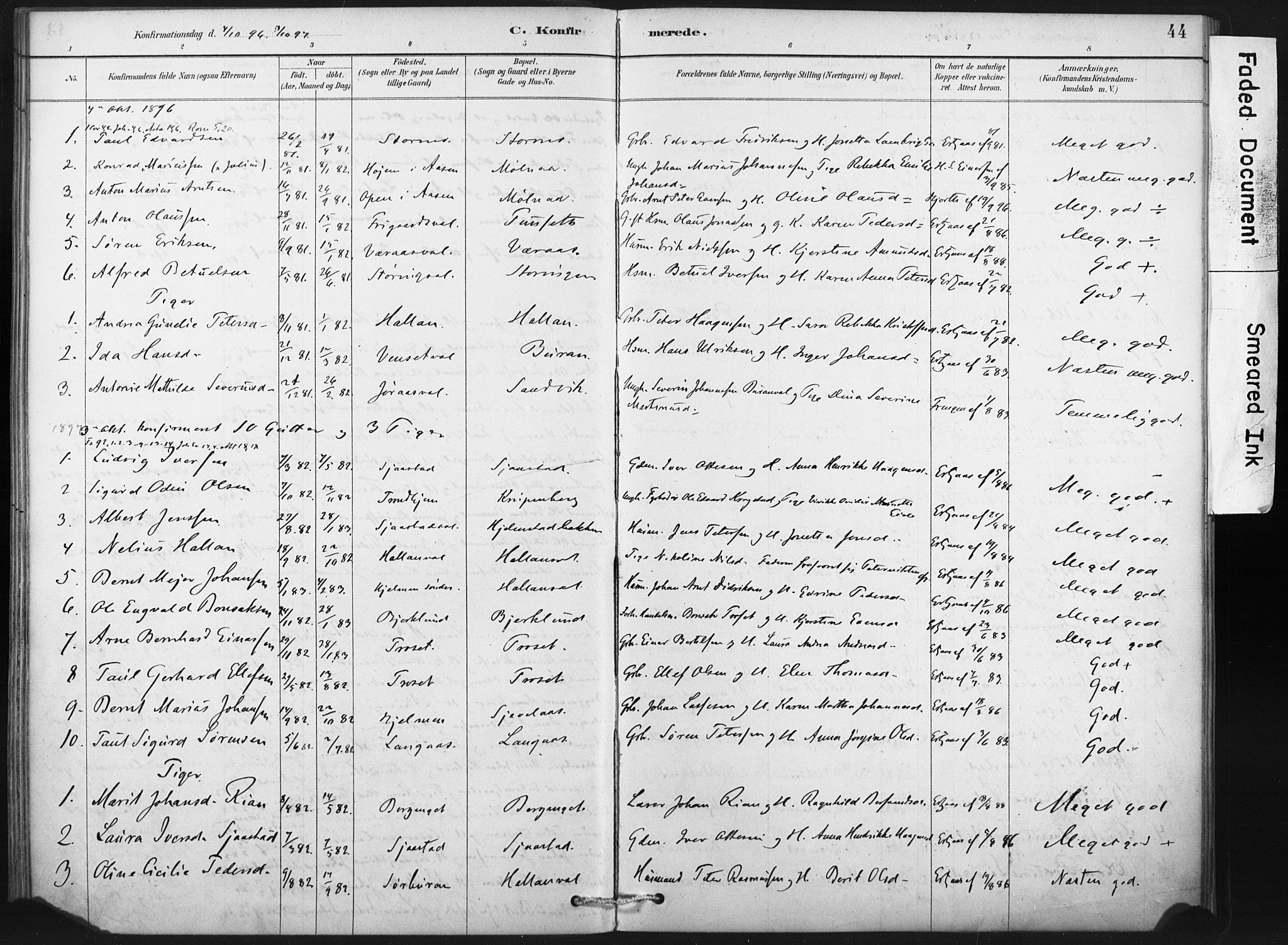 Ministerialprotokoller, klokkerbøker og fødselsregistre - Nord-Trøndelag, SAT/A-1458/718/L0175: Parish register (official) no. 718A01, 1890-1923, p. 44