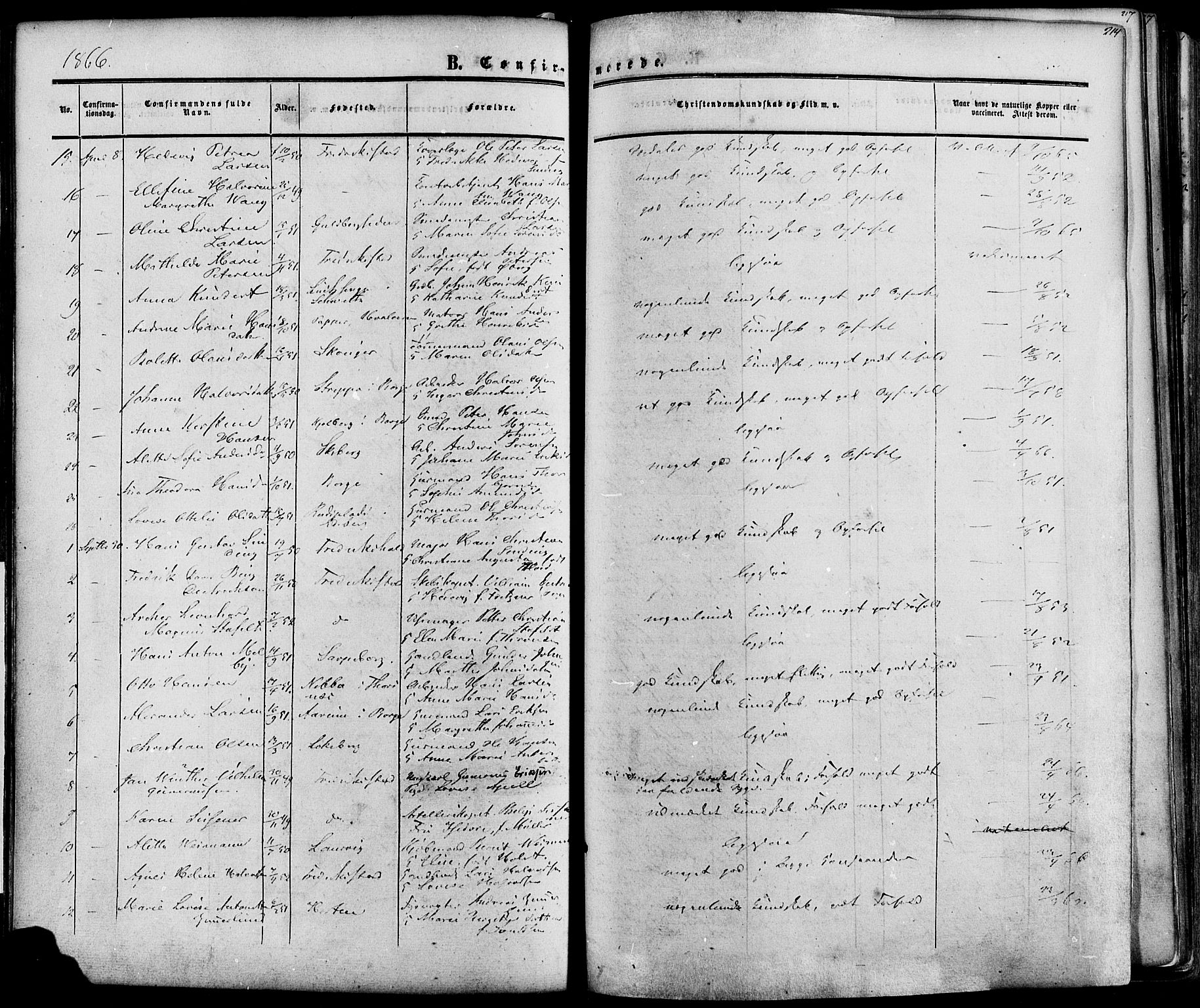 Fredrikstad prestekontor Kirkebøker, SAO/A-11082/F/Fa/L0006: Parish register (official) no. 6, 1857-1878, p. 214