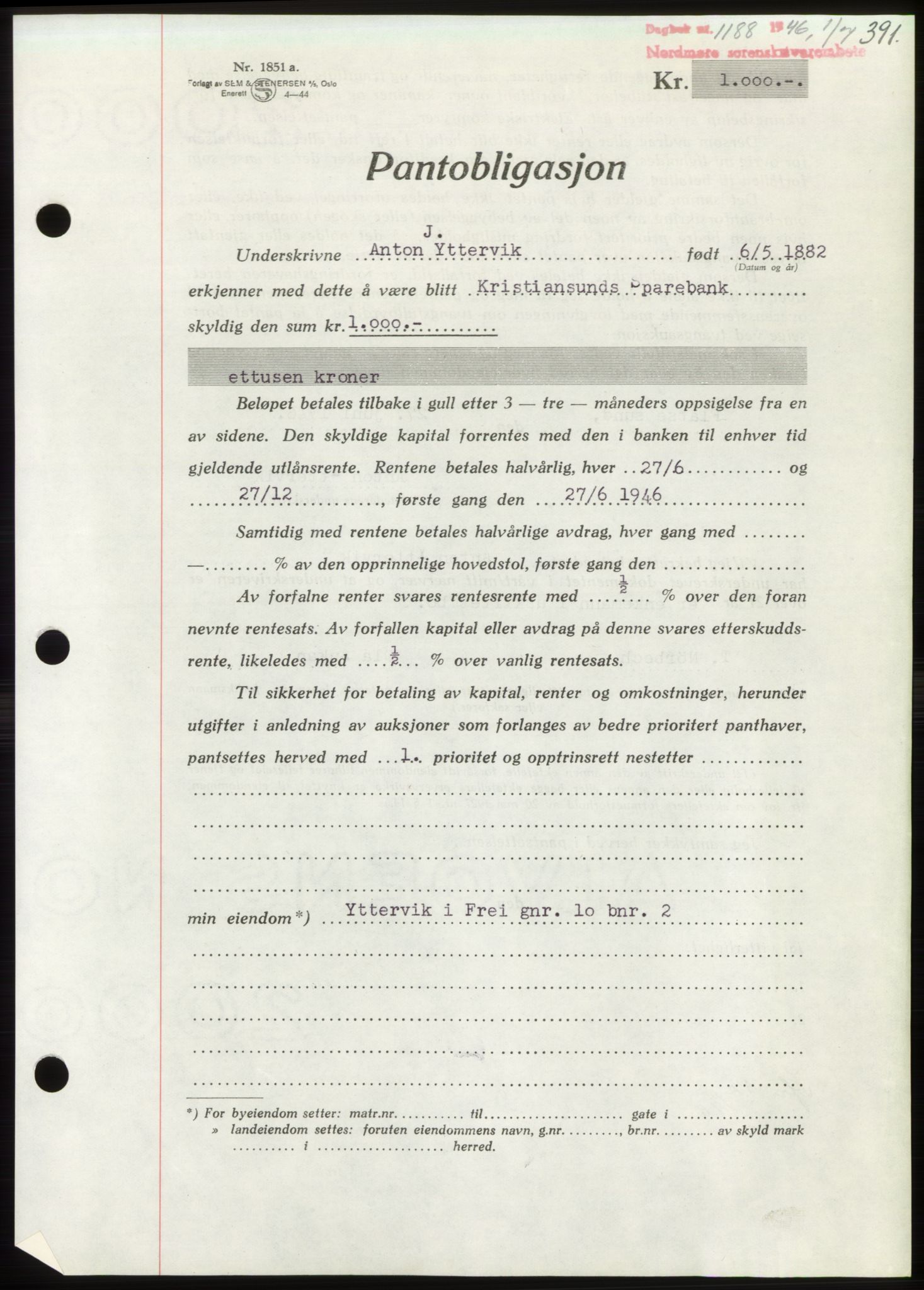 Nordmøre sorenskriveri, AV/SAT-A-4132/1/2/2Ca: Mortgage book no. B94, 1946-1946, Diary no: : 1188/1946