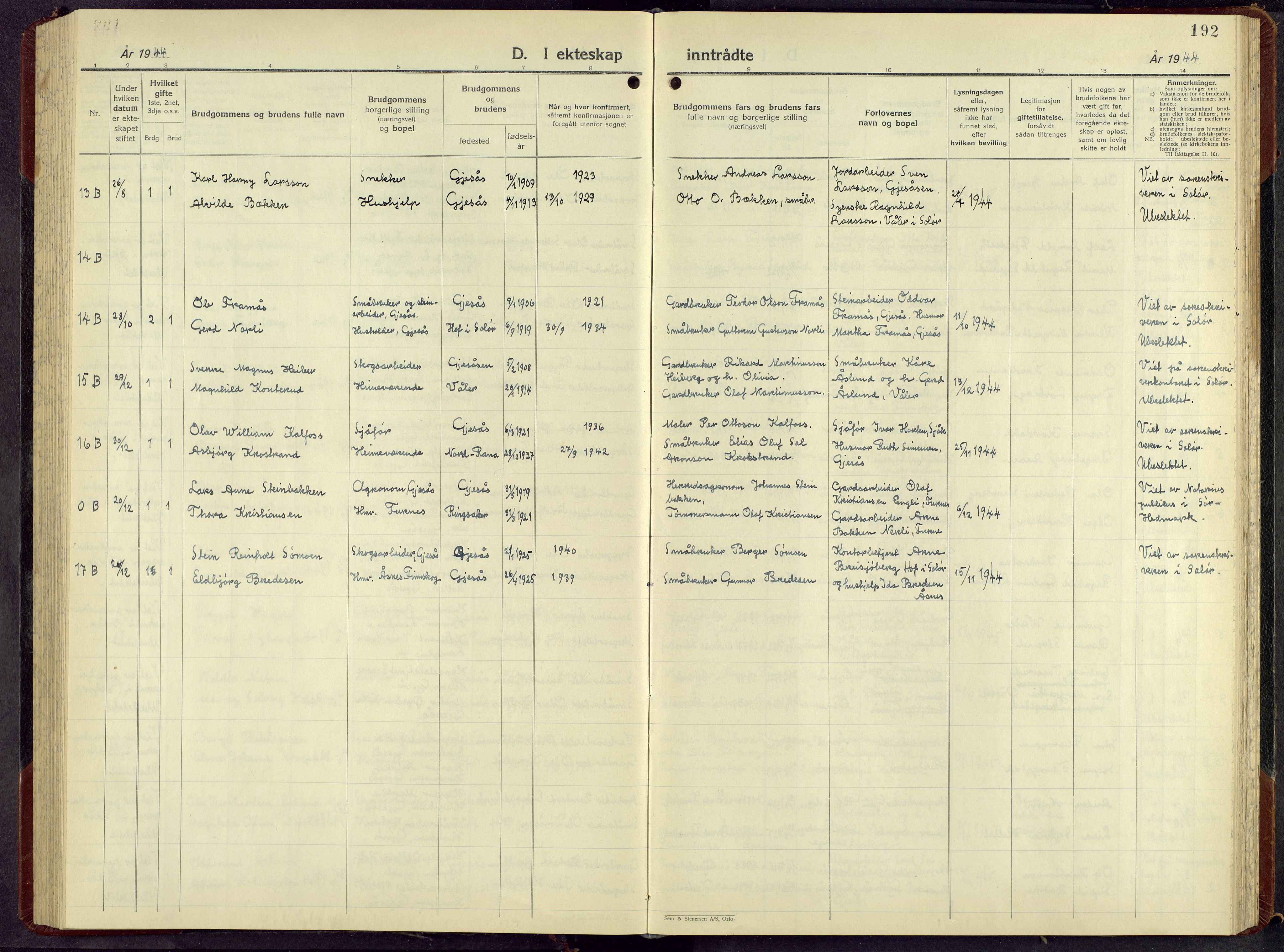Åsnes prestekontor, AV/SAH-PREST-042/H/Ha/Hab/L0013: Parish register (copy) no. 13, 1943-1966, p. 192