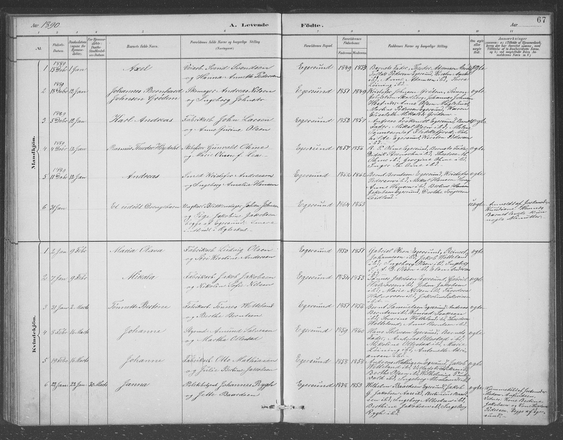 Eigersund sokneprestkontor, AV/SAST-A-101807/S09/L0008: Parish register (copy) no. B 8, 1882-1892, p. 67