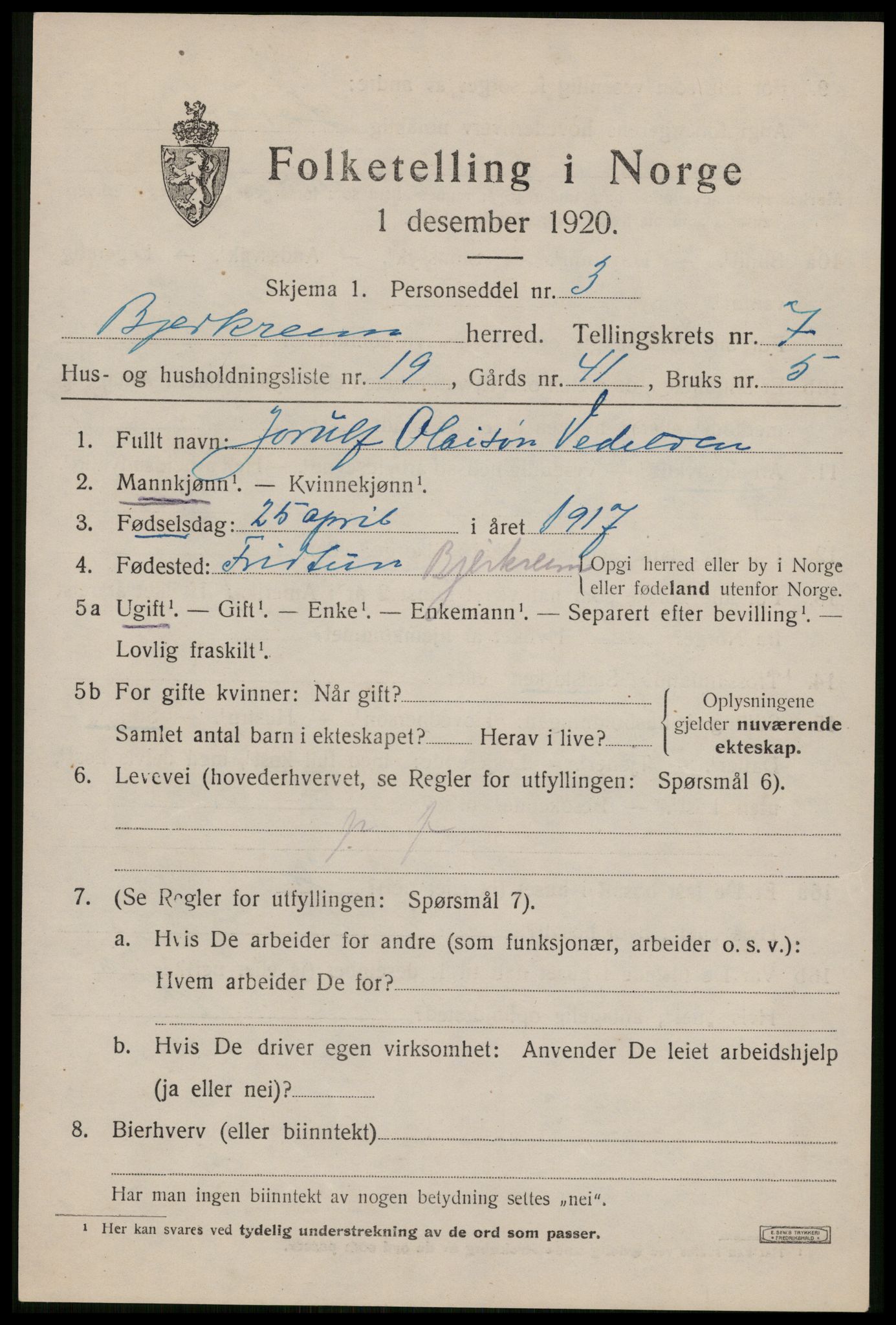 SAST, 1920 census for Bjerkreim, 1920, p. 2580