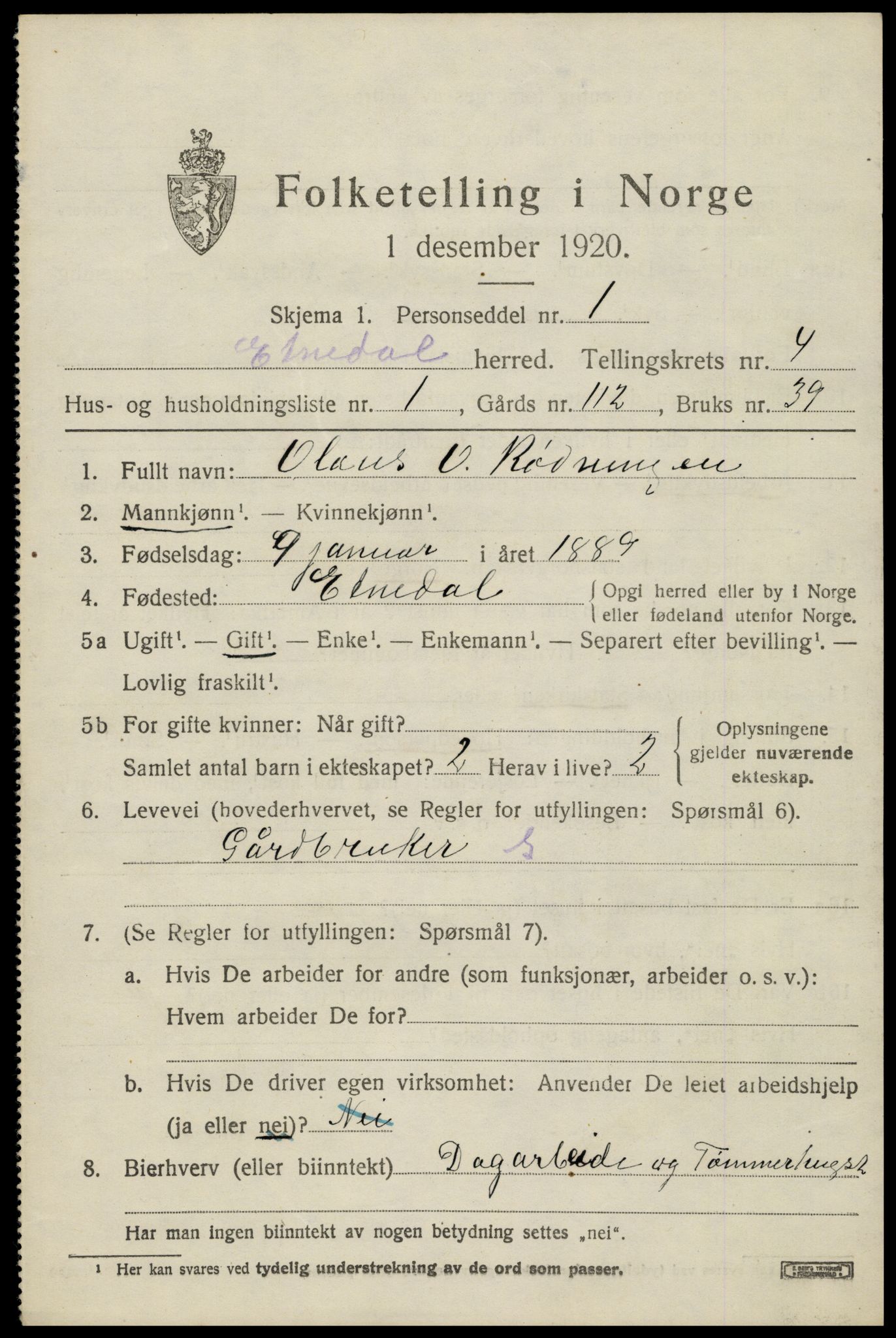 SAH, 1920 census for Etnedal, 1920, p. 1482