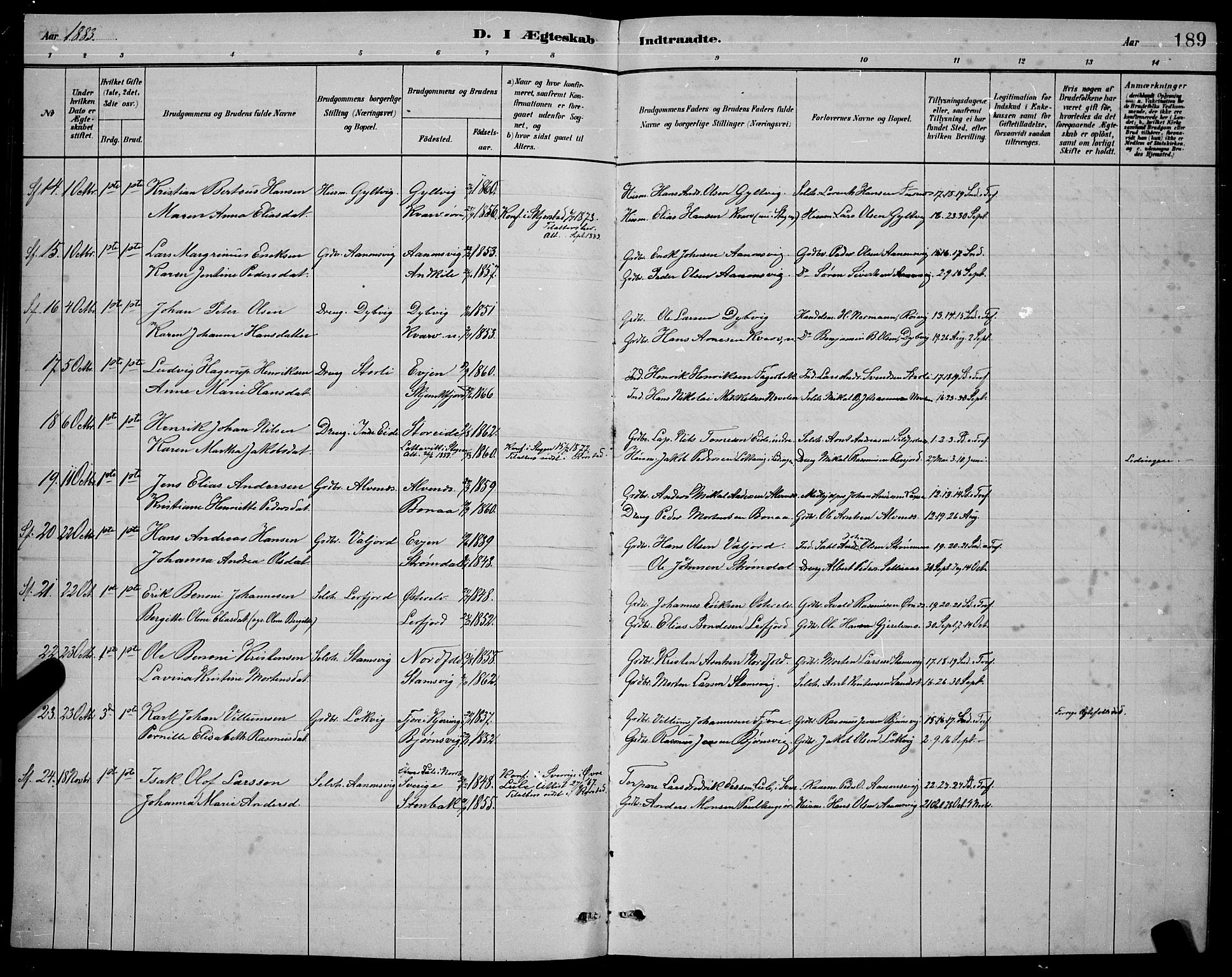 Ministerialprotokoller, klokkerbøker og fødselsregistre - Nordland, AV/SAT-A-1459/853/L0772: Parish register (official) no. 853A11, 1881-1900, p. 189