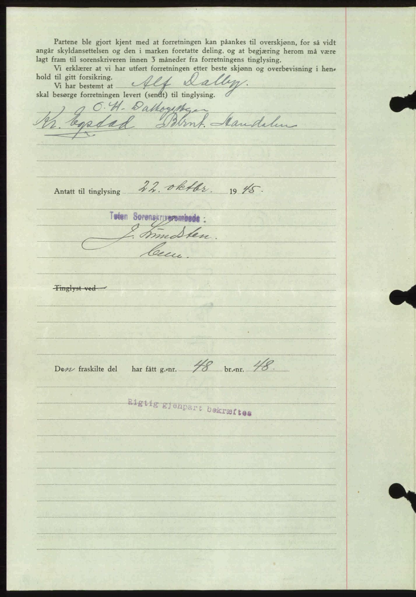 Toten tingrett, SAH/TING-006/H/Hb/Hbc/L0013: Mortgage book no. Hbc-13, 1945-1945, Diary no: : 1422/1945