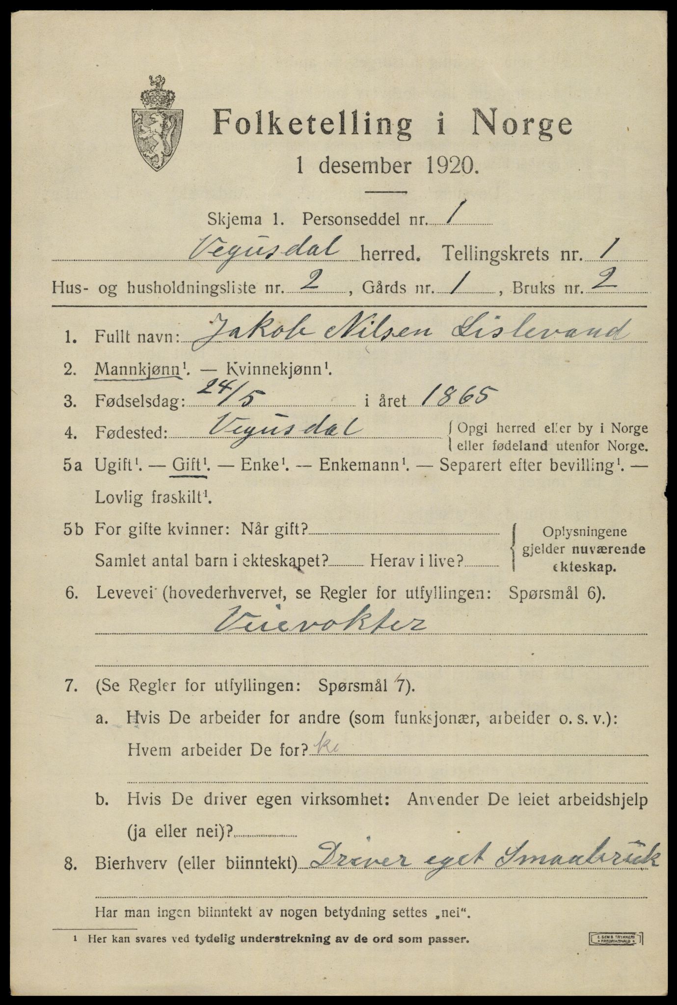 SAK, 1920 census for Vegusdal, 1920, p. 375