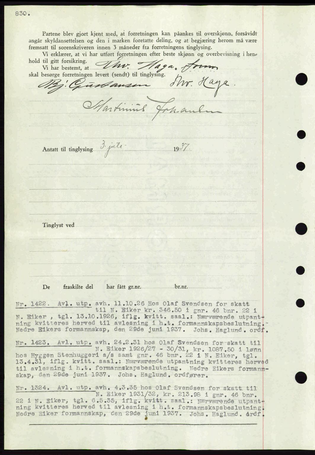 Eiker, Modum og Sigdal sorenskriveri, SAKO/A-123/G/Ga/Gab/L0035: Mortgage book no. A5, 1937-1937, Diary no: : 1422/1937