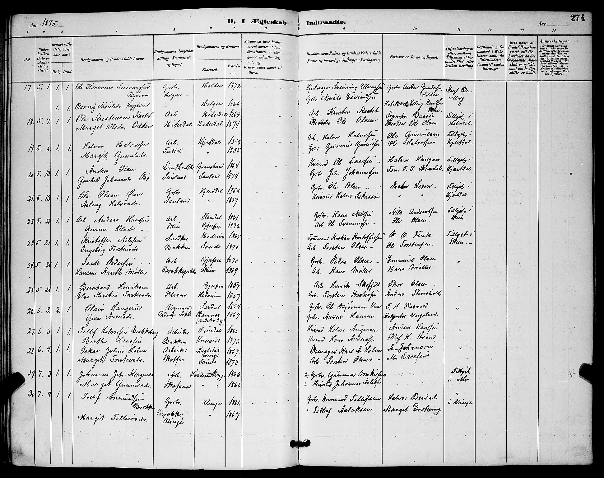 Skien kirkebøker, SAKO/A-302/G/Ga/L0007: Parish register (copy) no. 7, 1891-1900, p. 274