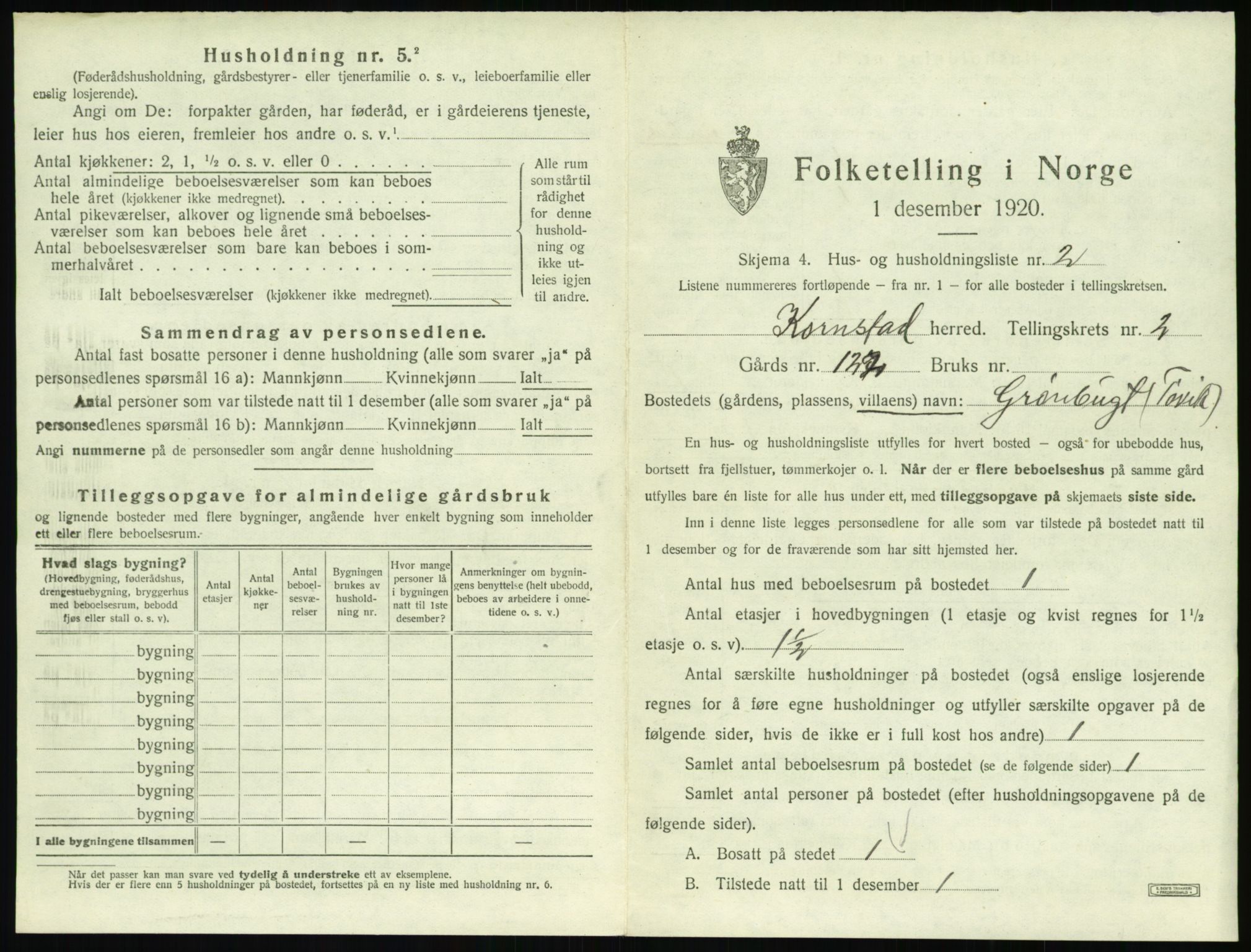 SAT, 1920 census for Kornstad, 1920, p. 131