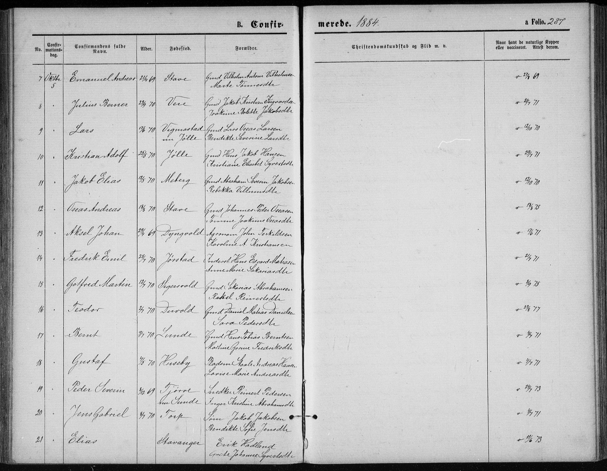 Lista sokneprestkontor, AV/SAK-1111-0027/F/Fb/L0004: Parish register (copy) no. B 4, 1877-1891, p. 287