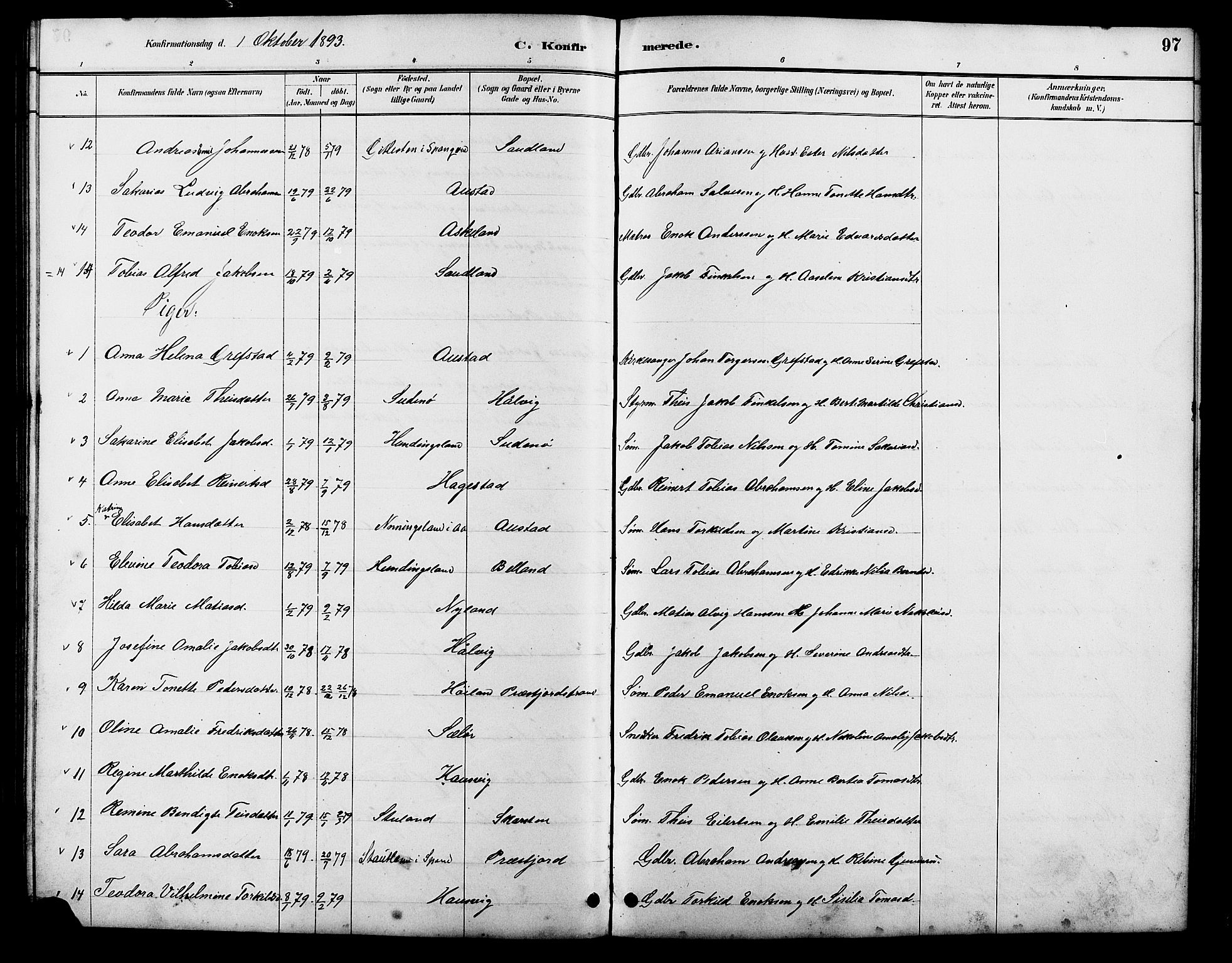 Lyngdal sokneprestkontor, SAK/1111-0029/F/Fb/Fba/L0003: Parish register (copy) no. B 3, 1886-1903, p. 97