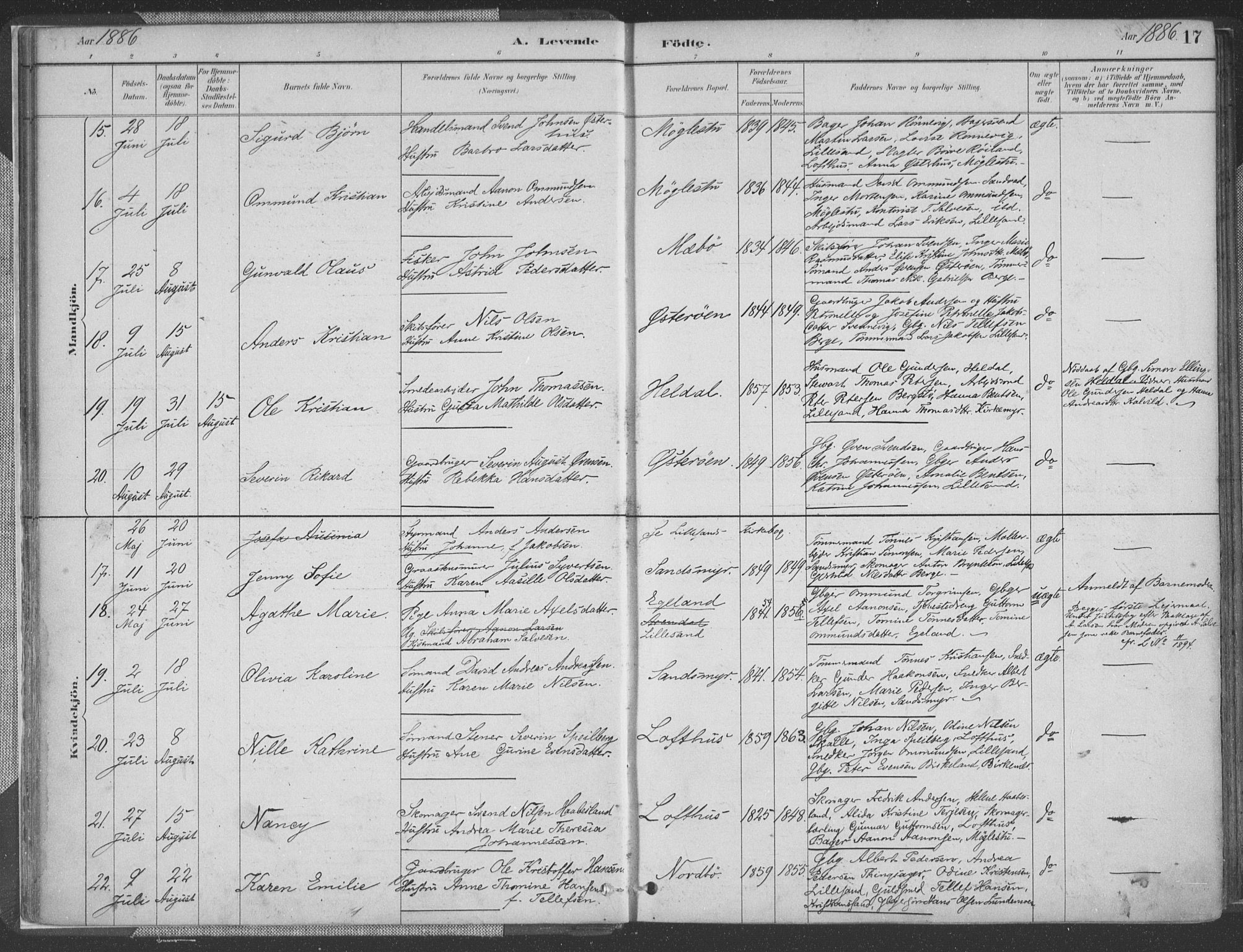 Vestre Moland sokneprestkontor, SAK/1111-0046/F/Fa/Fab/L0009: Parish register (official) no. A 9, 1884-1899, p. 17