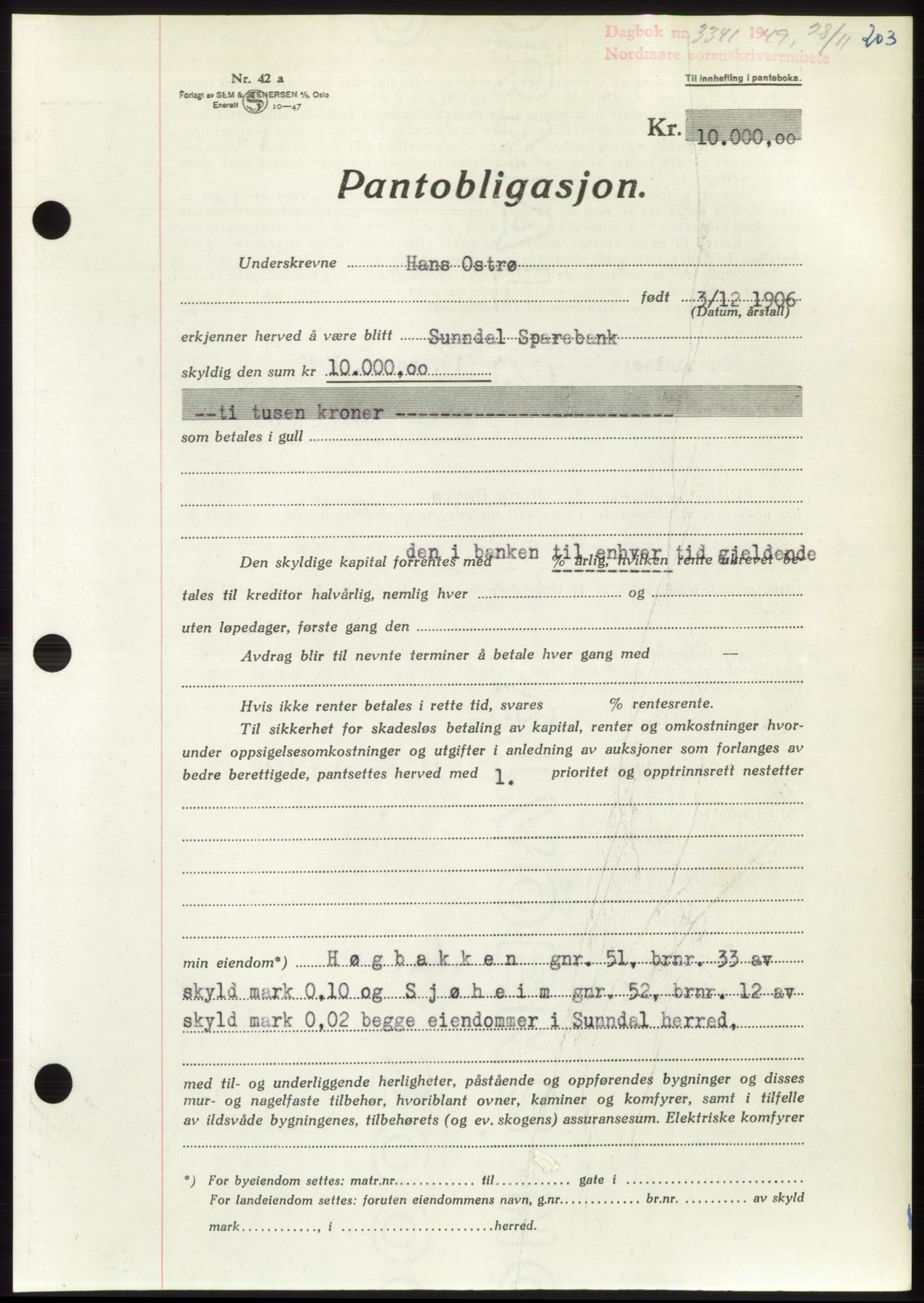 Nordmøre sorenskriveri, AV/SAT-A-4132/1/2/2Ca: Mortgage book no. B103, 1949-1950, Diary no: : 3341/1949