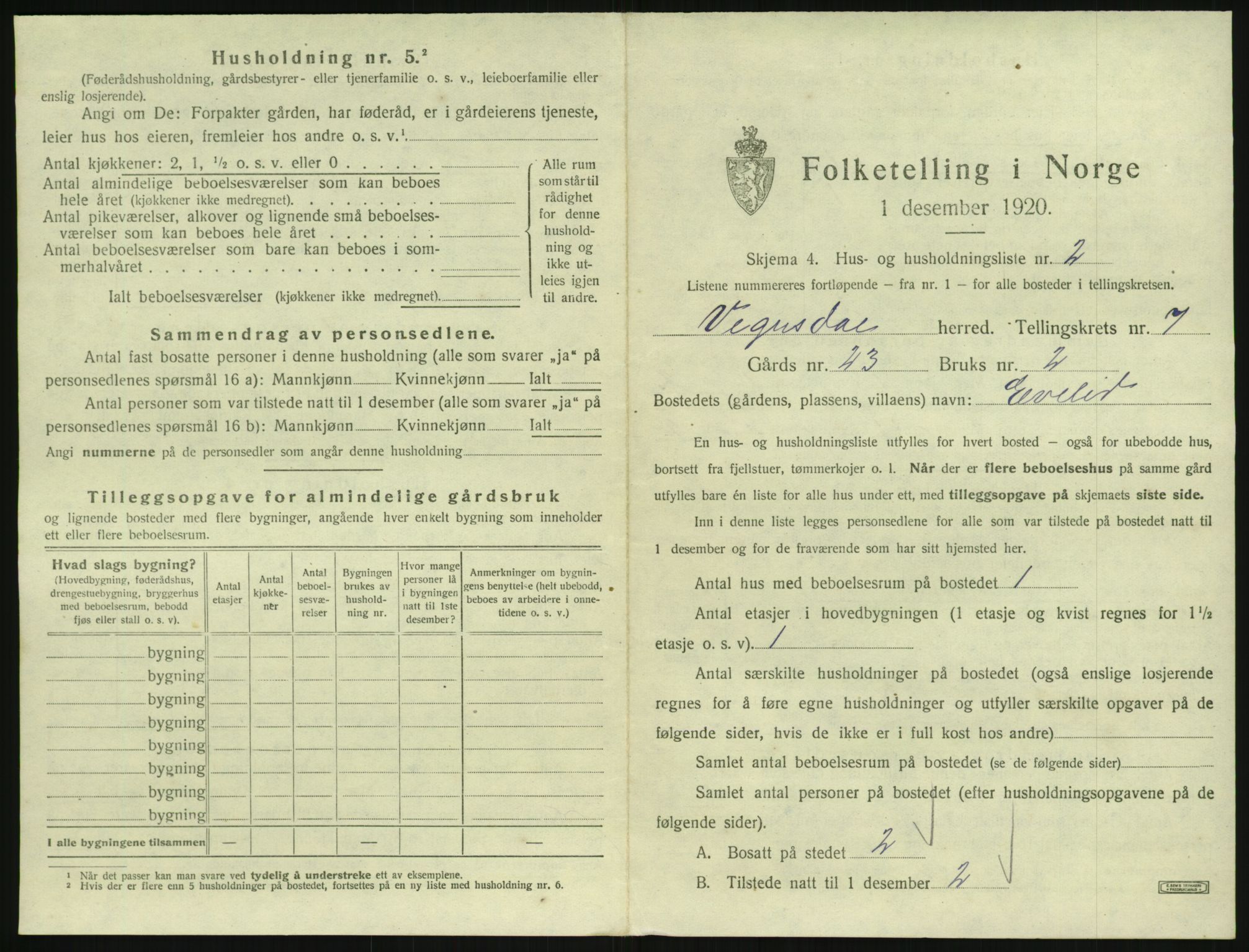 SAK, 1920 census for Vegusdal, 1920, p. 275