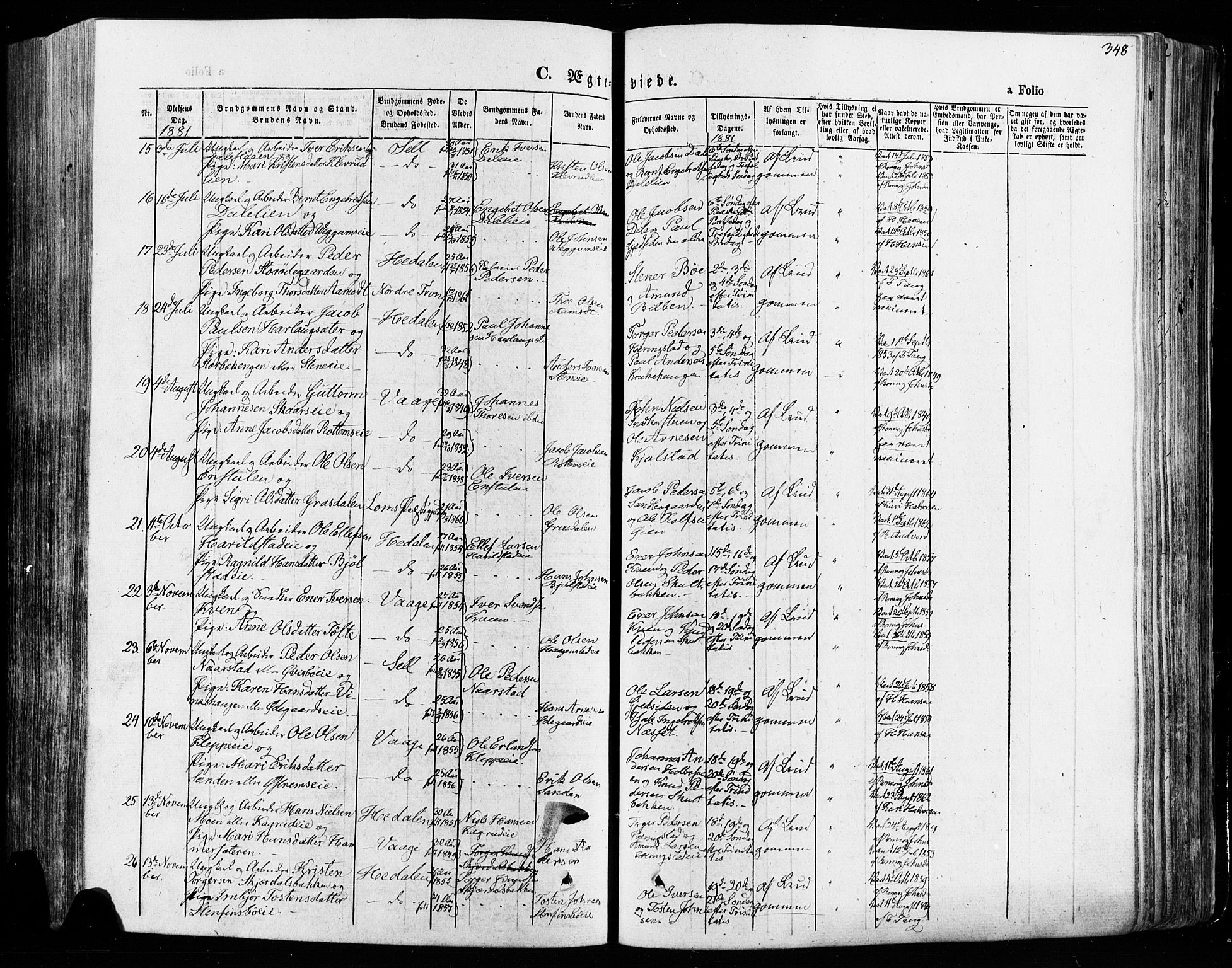Vågå prestekontor, SAH/PREST-076/H/Ha/Haa/L0007: Parish register (official) no. 7 /1, 1872-1886, p. 348
